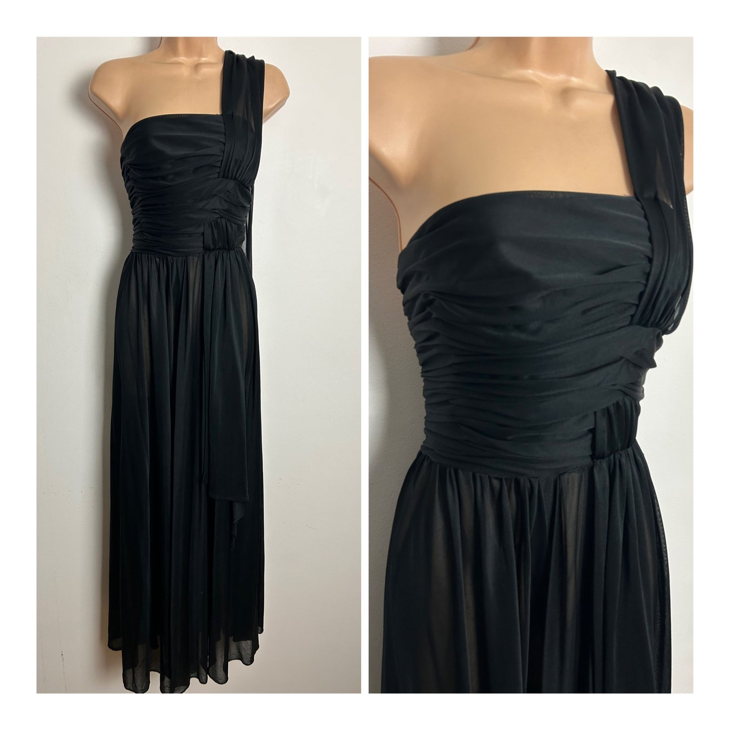 Vintage 1970s JOHN CHARLES Size 8 Black One Shoulder Draped Evening Occasion Maxi Dress
