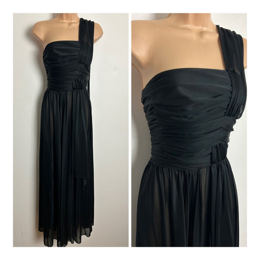 Vintage 1970s JOHN CHARLES Size 8 Black One Shoulder Draped Evening Occasion Maxi Dress