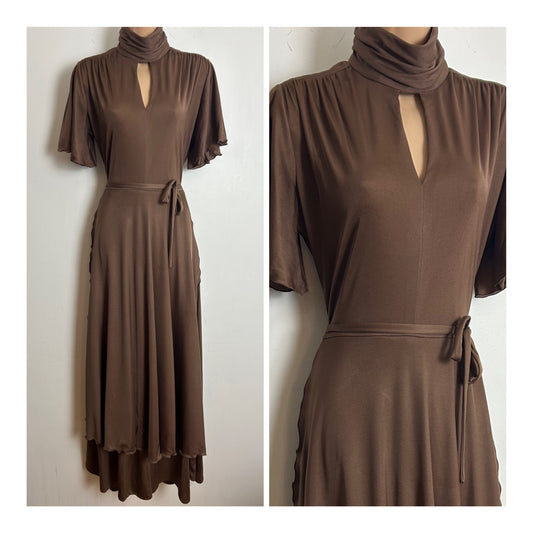 Vintage 1970s SHELANA Size 12 Brown Keyhole Short Sleeve Belted Layered Maxi Dress