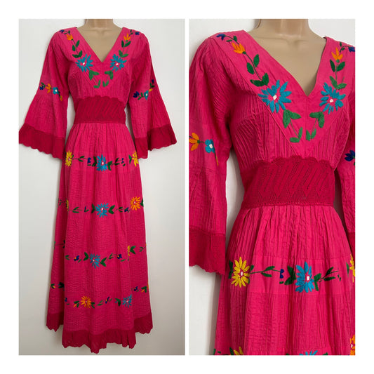 Vintage 1970s MEXICAN Size 8 Hot Pink Pintuck Floral Embroidered Crochet Lace Detail Cotton Maxi Dress