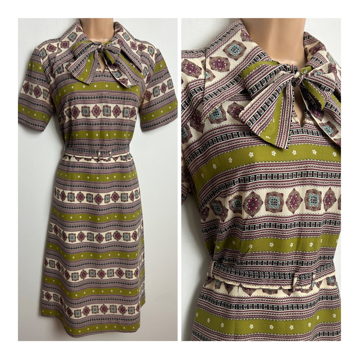 Vintage 1970s RODNEY Size 12 Olive Green Beige & Red Scarf Print Pussy Bow Dagger Collar Belted Dress