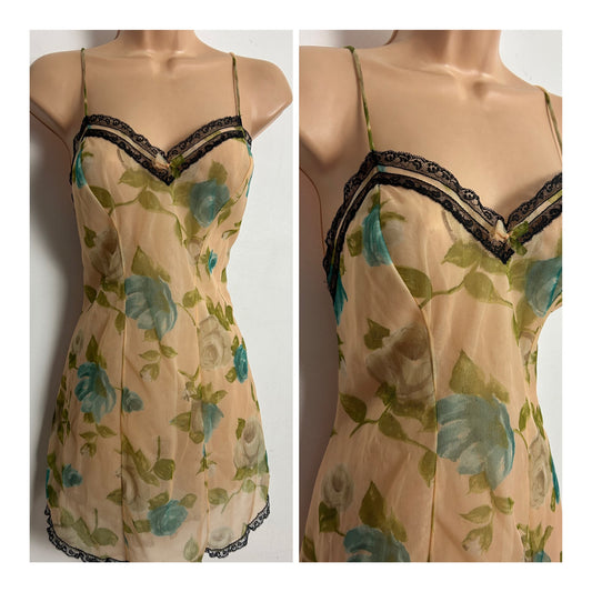 Vintage 1970s JOLI Size 12 Beige Blue & Green Floral Print Lace Trim Camisole Slip
