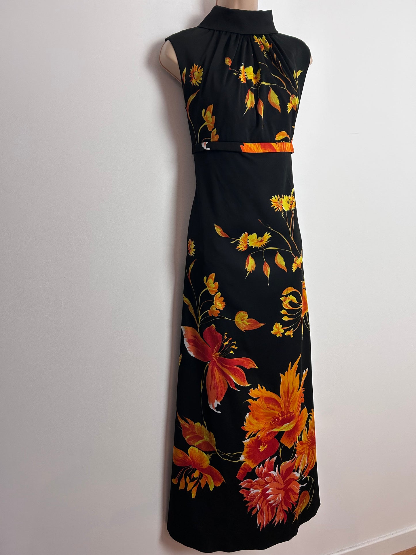 Vintage 1970s KIO UK Size 12 Gorgeous Black Orange & Yellow Tones Floral Print Scarf Back Occasion Maxi Dress