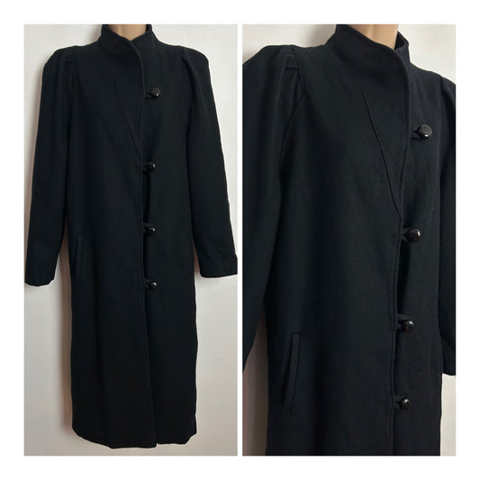 Vintage 1980s BEAU BREM UK Size 12 Black Wool Mix Long Length Coat