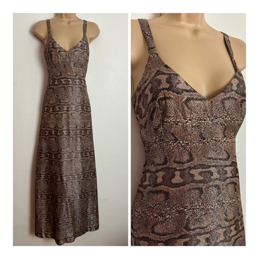 Vintage 1970s JINTYS LONDON UK Size 10 Brown Tones Lurex Animal Print Party Evening Maxi Dress