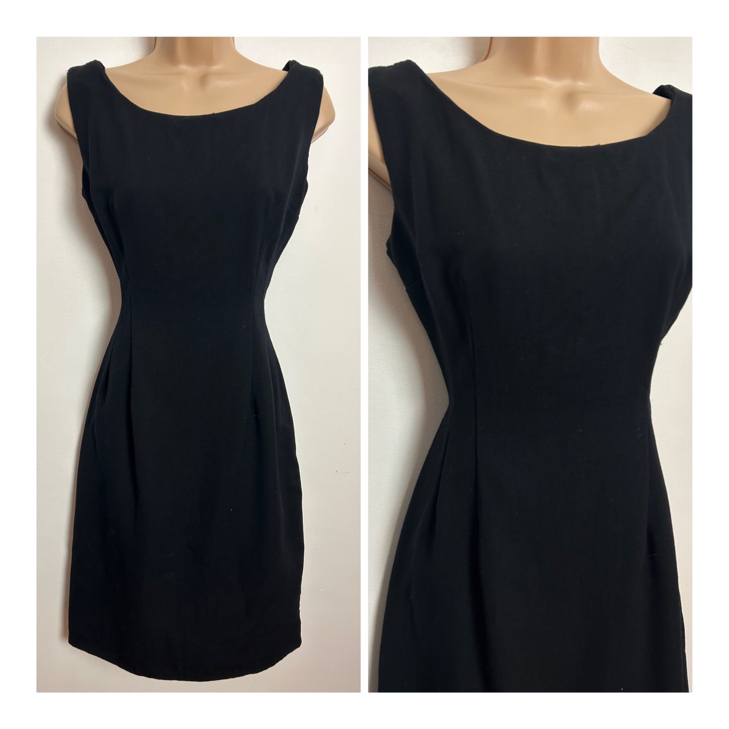 Vintage 1960s UK Size 8 Black Gaberdine Hour Glass Little Black Dress