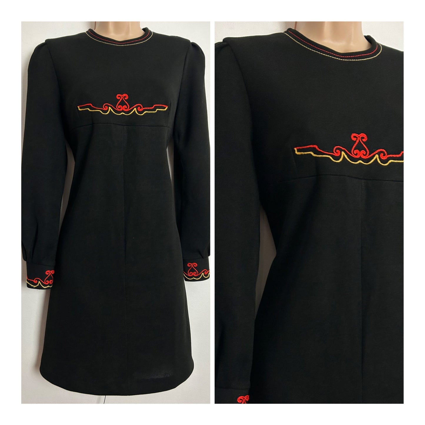 Vintage 1960s UK Size 12 MOD Black Red & Gold Trim Long Sleeve Mini Shift Dress