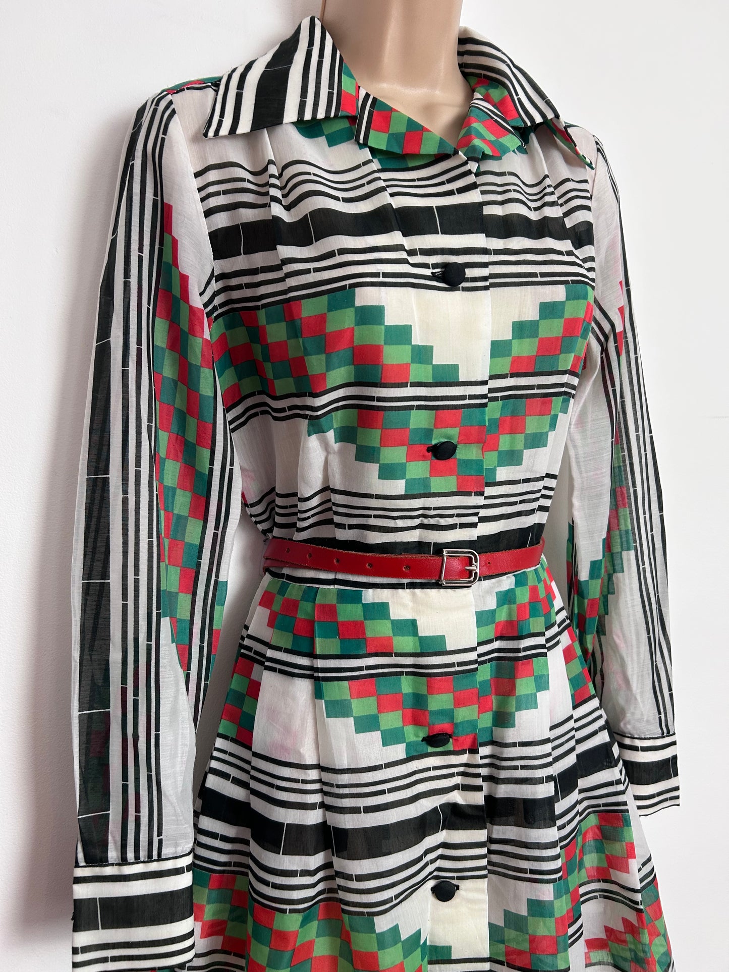 Vintage 1970s CAROLETTE MADE IN DENMARK UK Size 10 Cute Black White Red & Green Check & Stripe Print Belted Mini Mod Dress