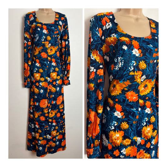 Vintage 1970s UK Size 12 Blue & Orange Bold Floral Print Long Sleeve Boho Maxi Dress