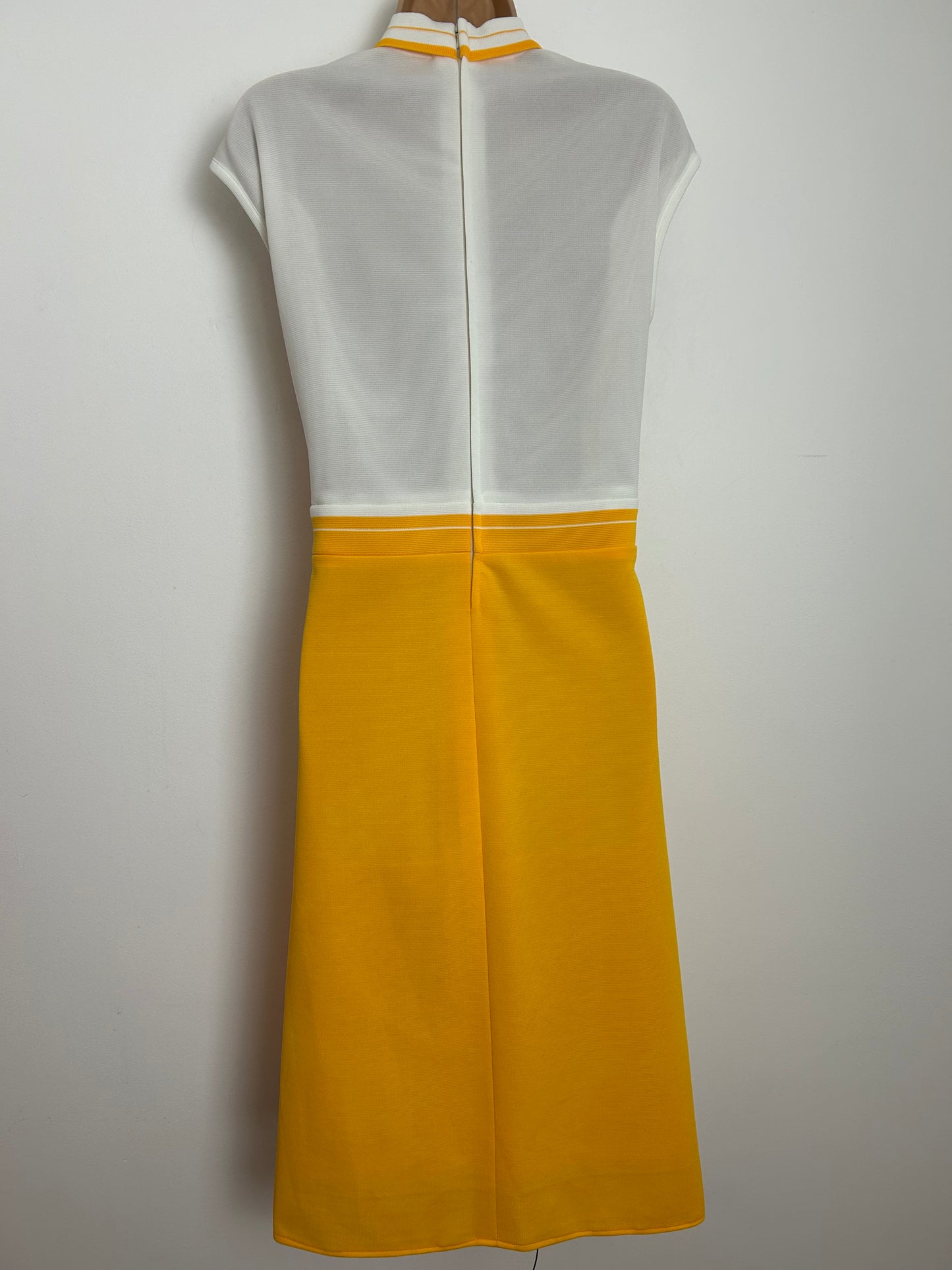 Vintage 1960s Size 14 Yellow & White Stripe Print Sleeveless Mod Scooter Shift Dress