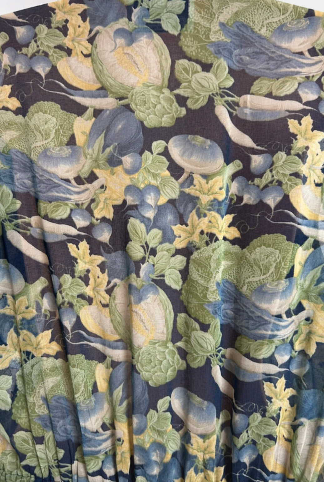 Vintage 1980s HEROS PARIS Size 14 Green & Blue Tones Vegetable Novelty Print Pure Cotton Day Dress