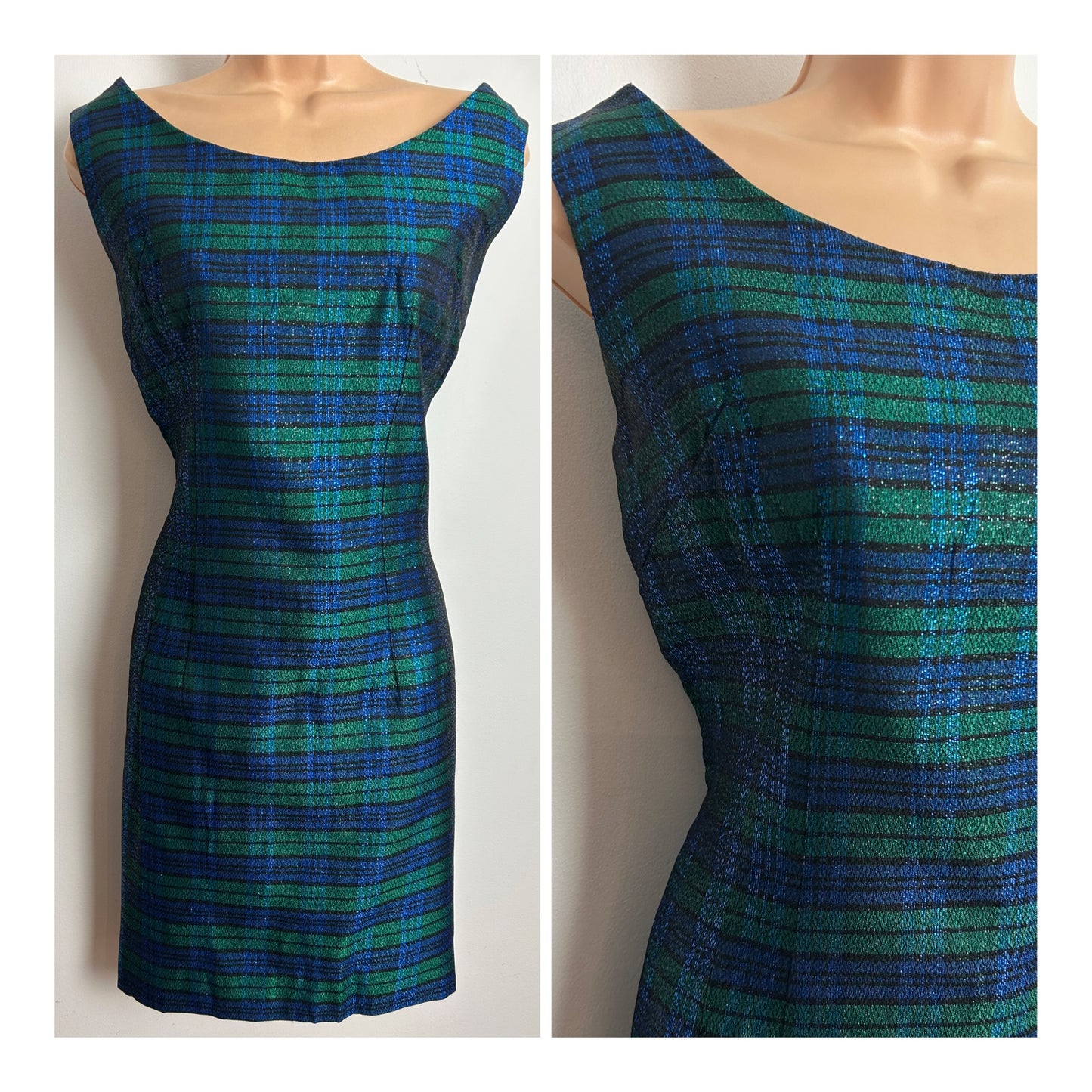 Vintage 1960s Size 12 Blue & Green Lurex Tartan Check Sleeveless Wiggle Party Dress