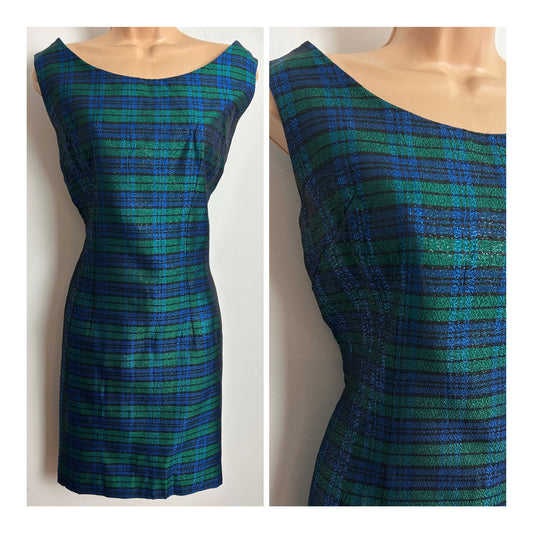 Vintage 1960s Size 12 Blue & Green Lurex Tartan Check Sleeveless Wiggle Party Dress