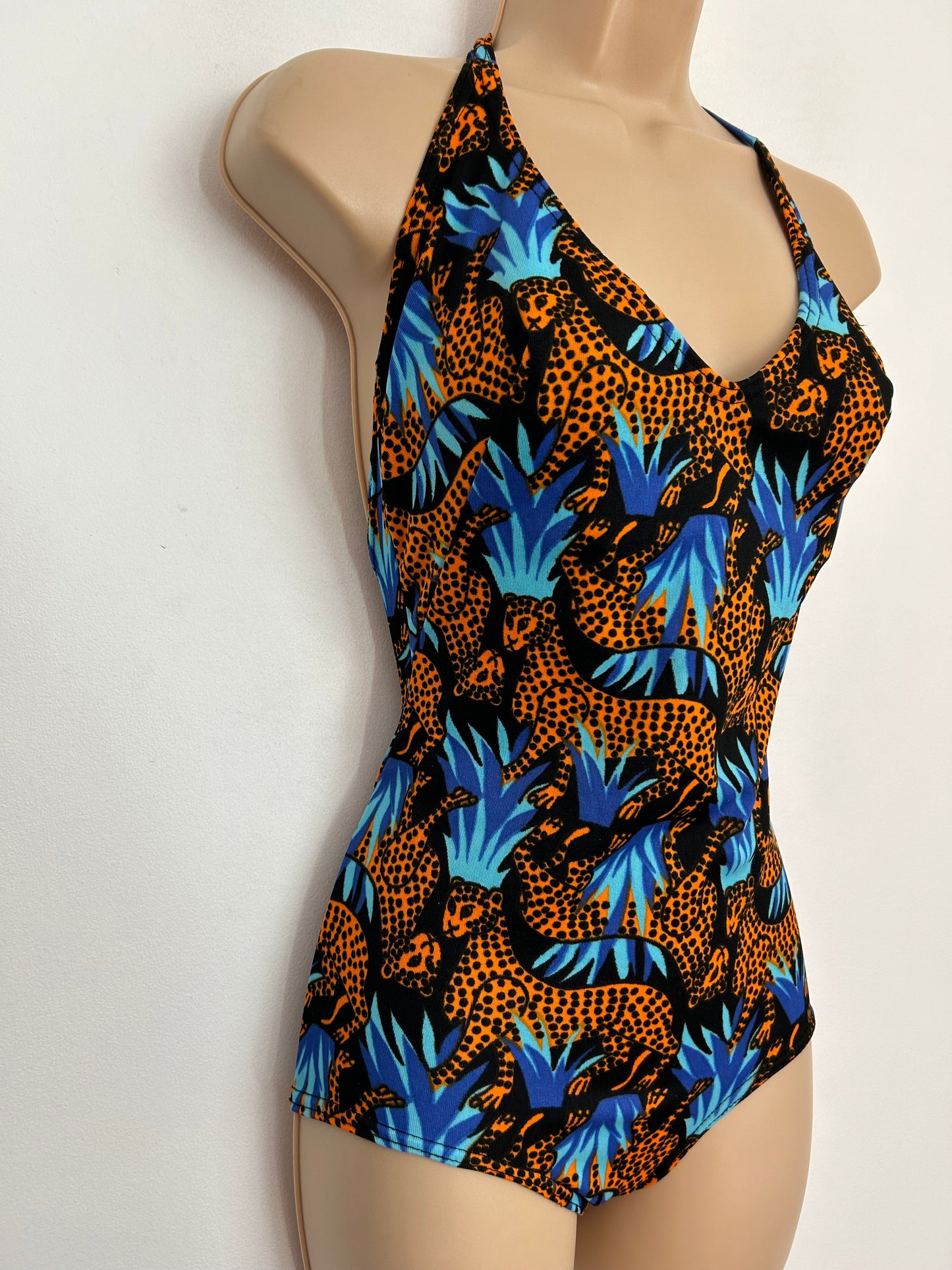 Vintage 1970s OLUBA UK Size 12-14 Blue Black & Orange Leopard Print Halter Neck Swimsuit Bathing Costume
