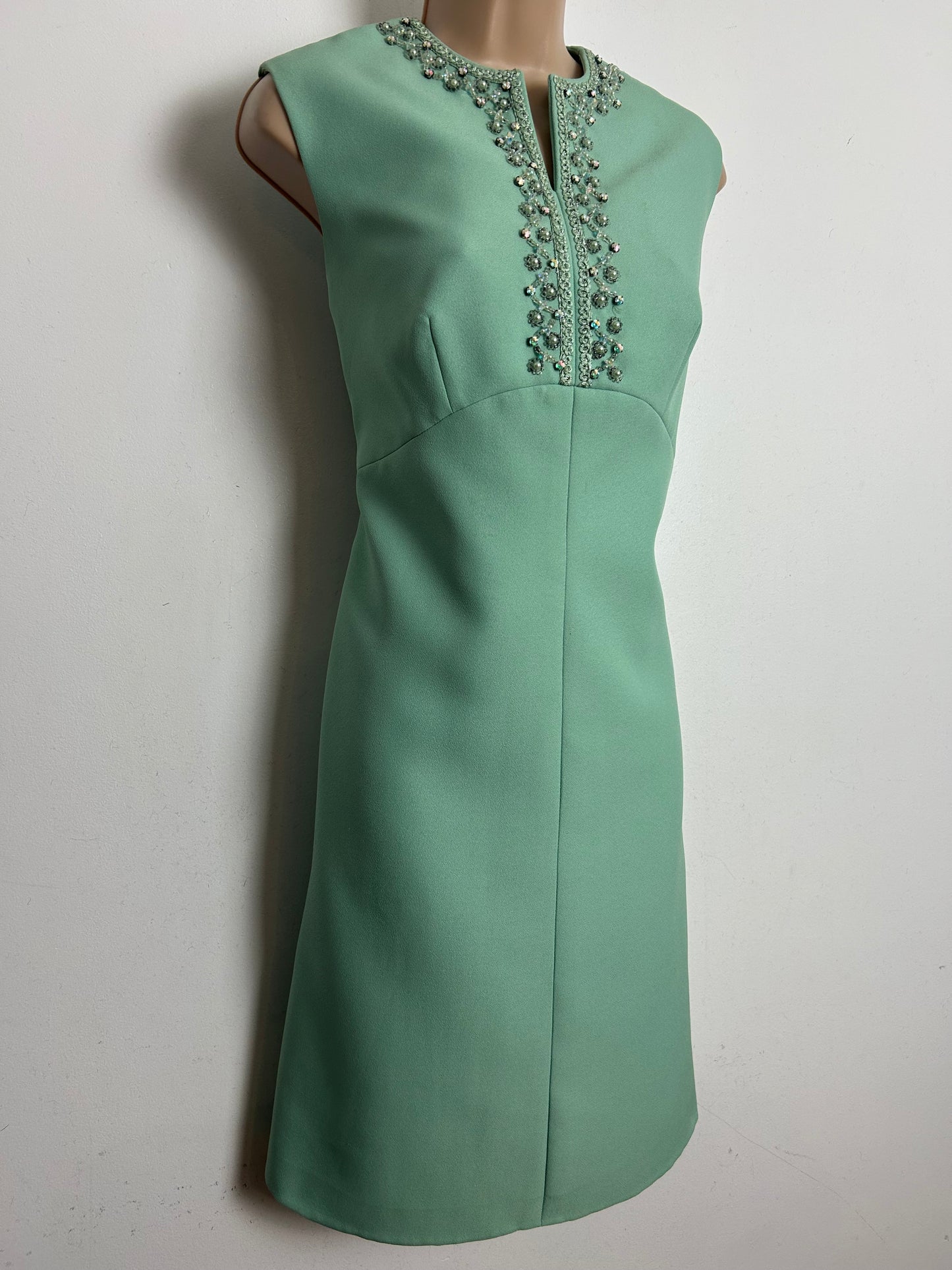 Vintage 1960s Size 12 Spearmint Green Bead Diamante & Braid Trim Embellished Mod Occasion Shift Dress