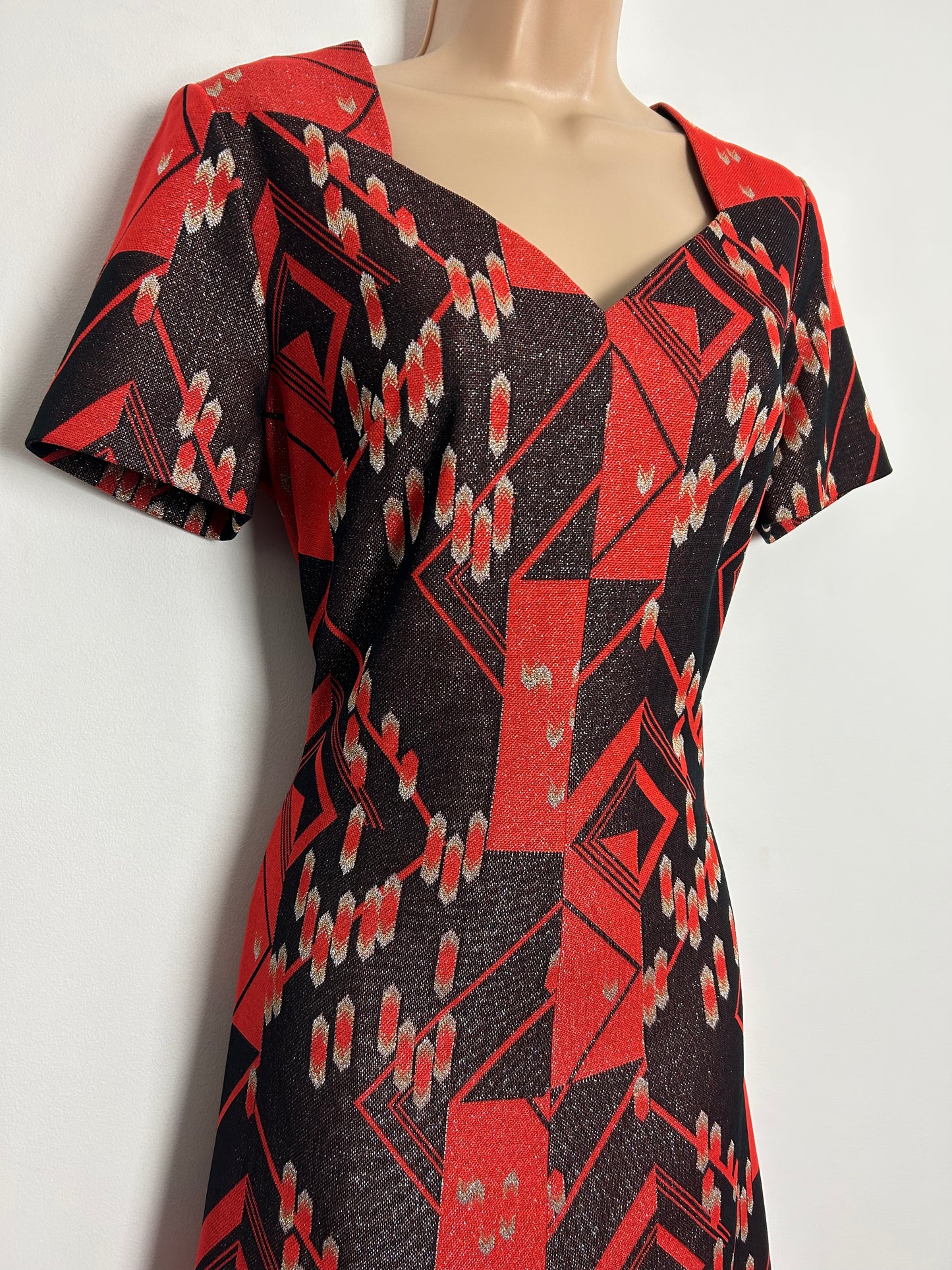 Vintage 1970s UK Size 12 Red Dark Brown Silver & Gold Abstract Geo Print Lurex Occasion Evening Maxi Dress