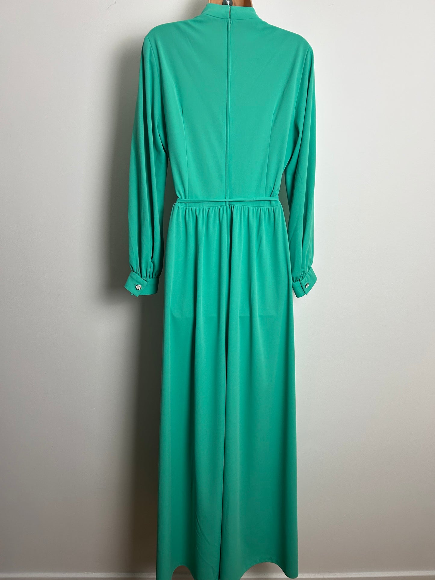 Vintage 1970s Size 14 Mint Green Diamante Buttons Long Sleeve Belted Occasion Maxi Dress