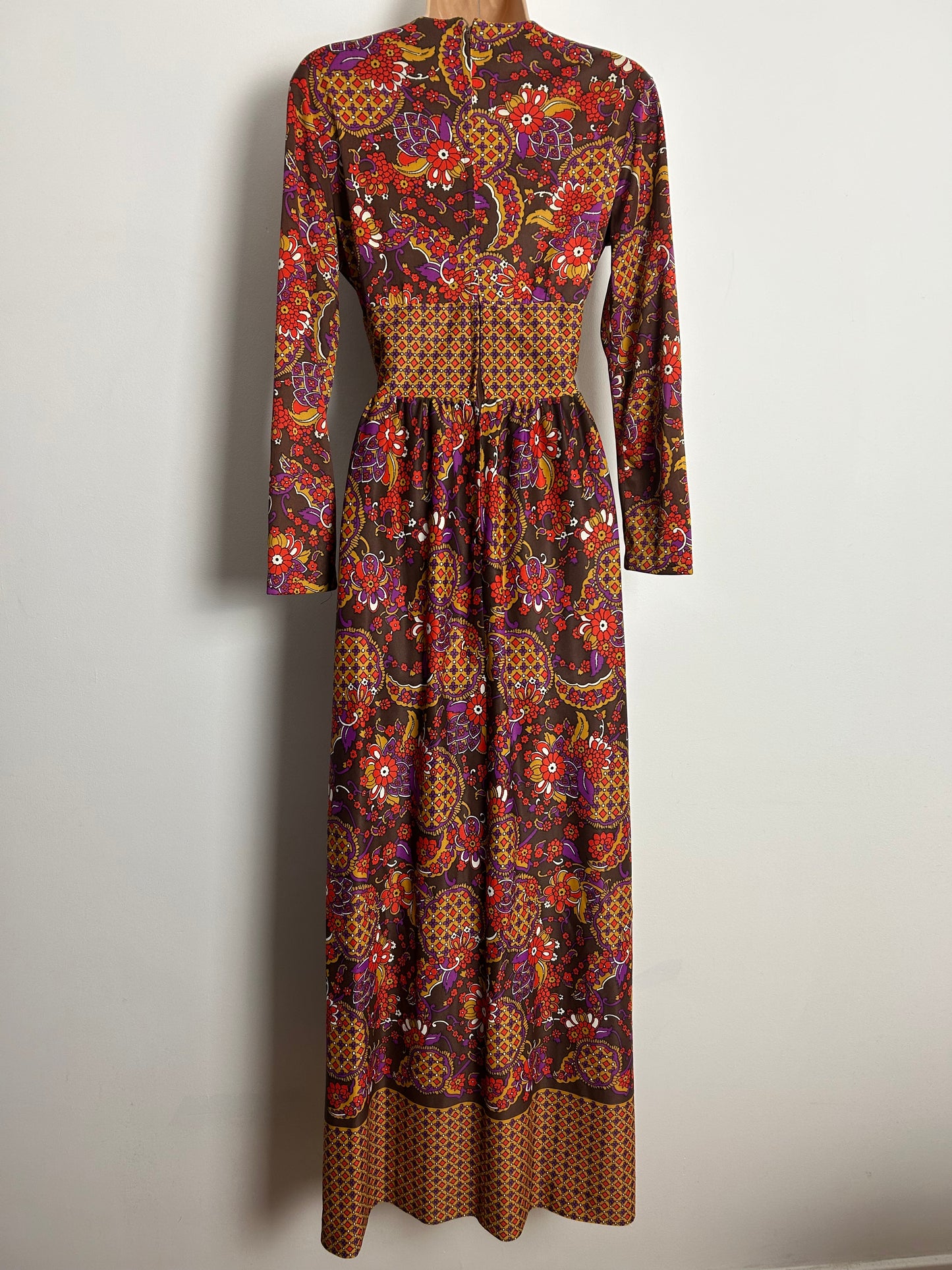 Vintage 1970s UK Size 6-8 Brown Mustard Yellow & Red Abstract Floral & Grid Print Long Sleeve Maxi Dress