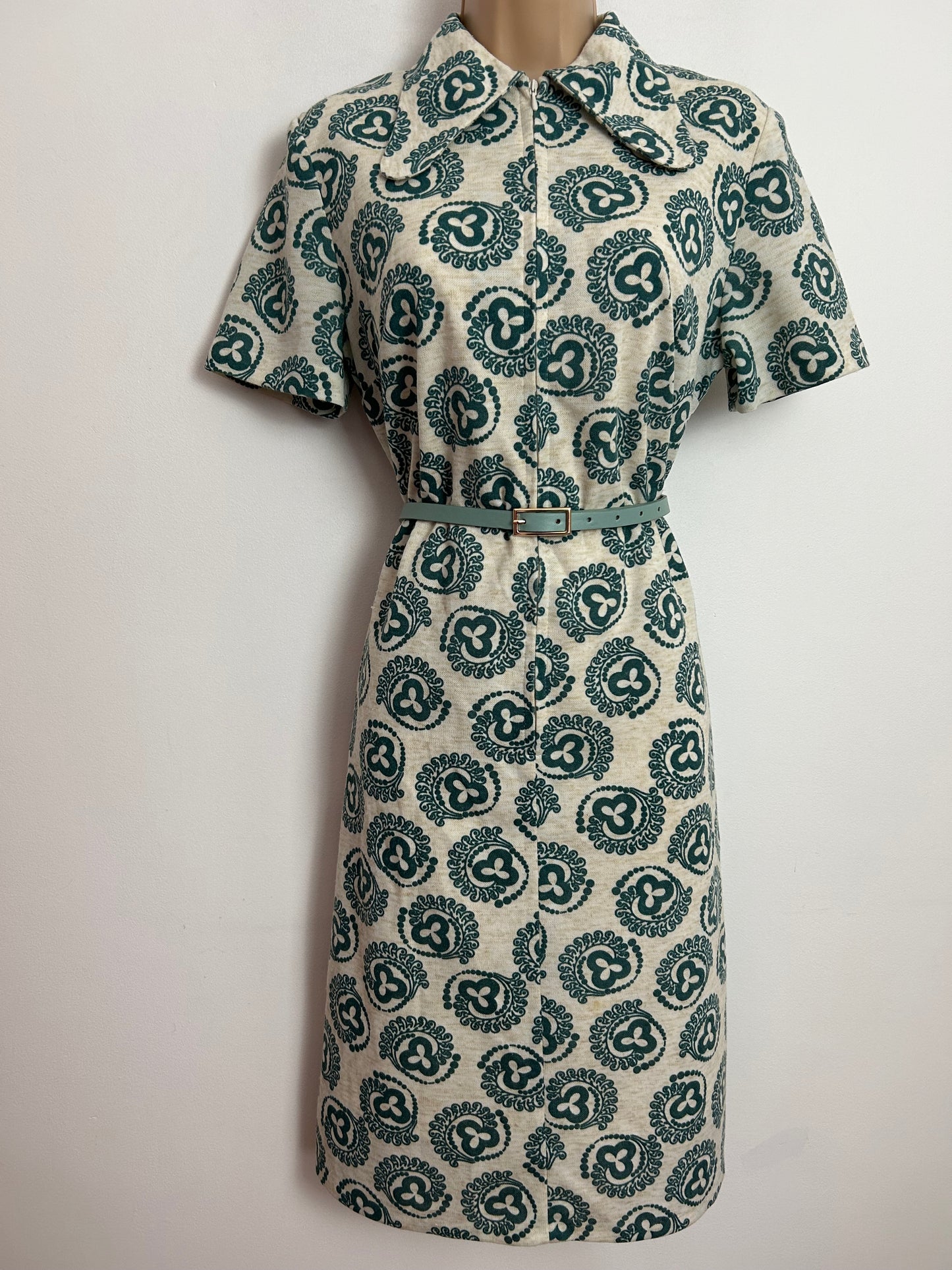 Vintage 1970s UK Size 12 Beige & Teal Abstract Print Linen Mix Belted Beagle Collar Mod Dress