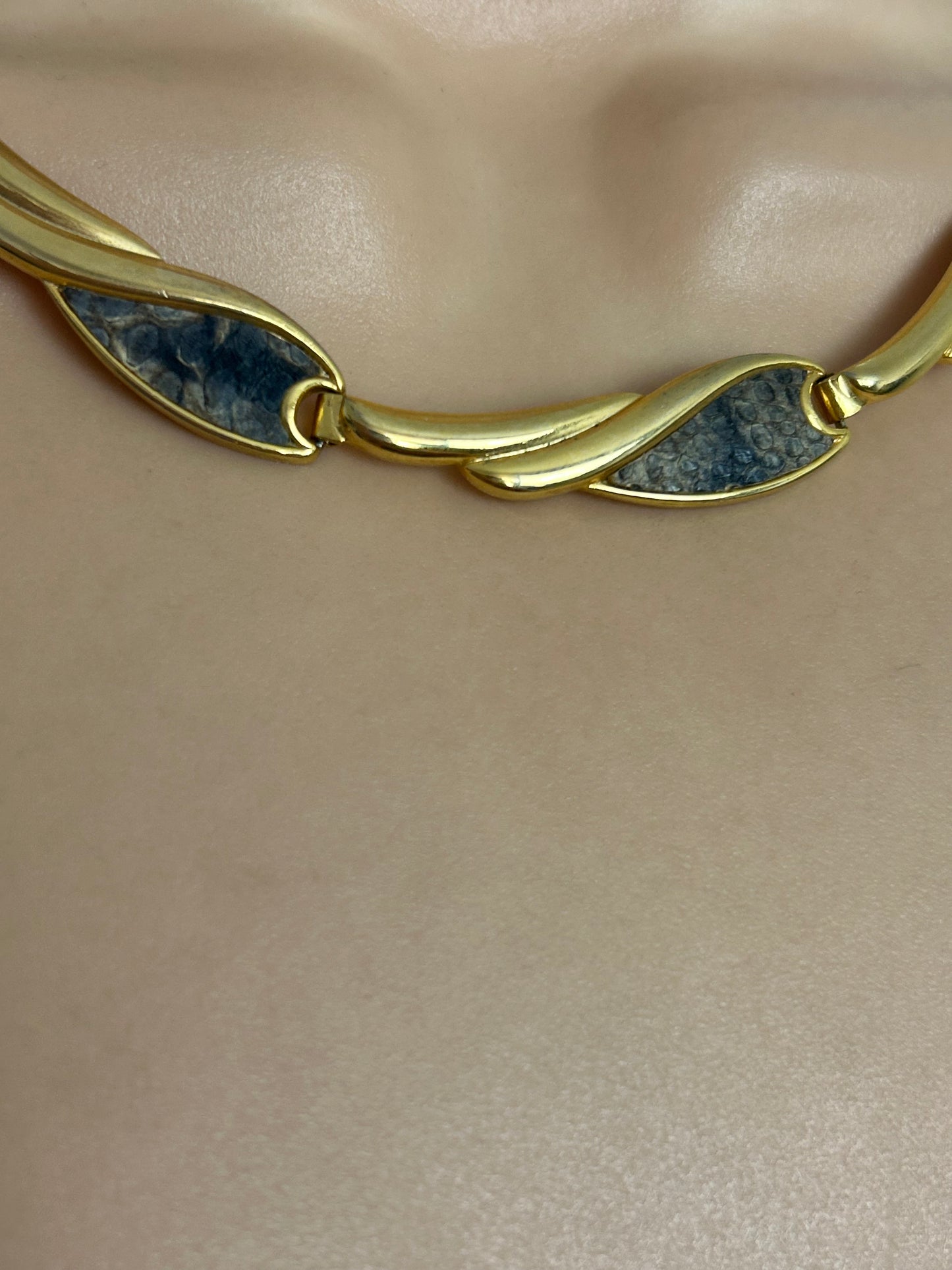 Vintage Gold Tone & Faux Leather Set Fancy Panelled Choker Necklace