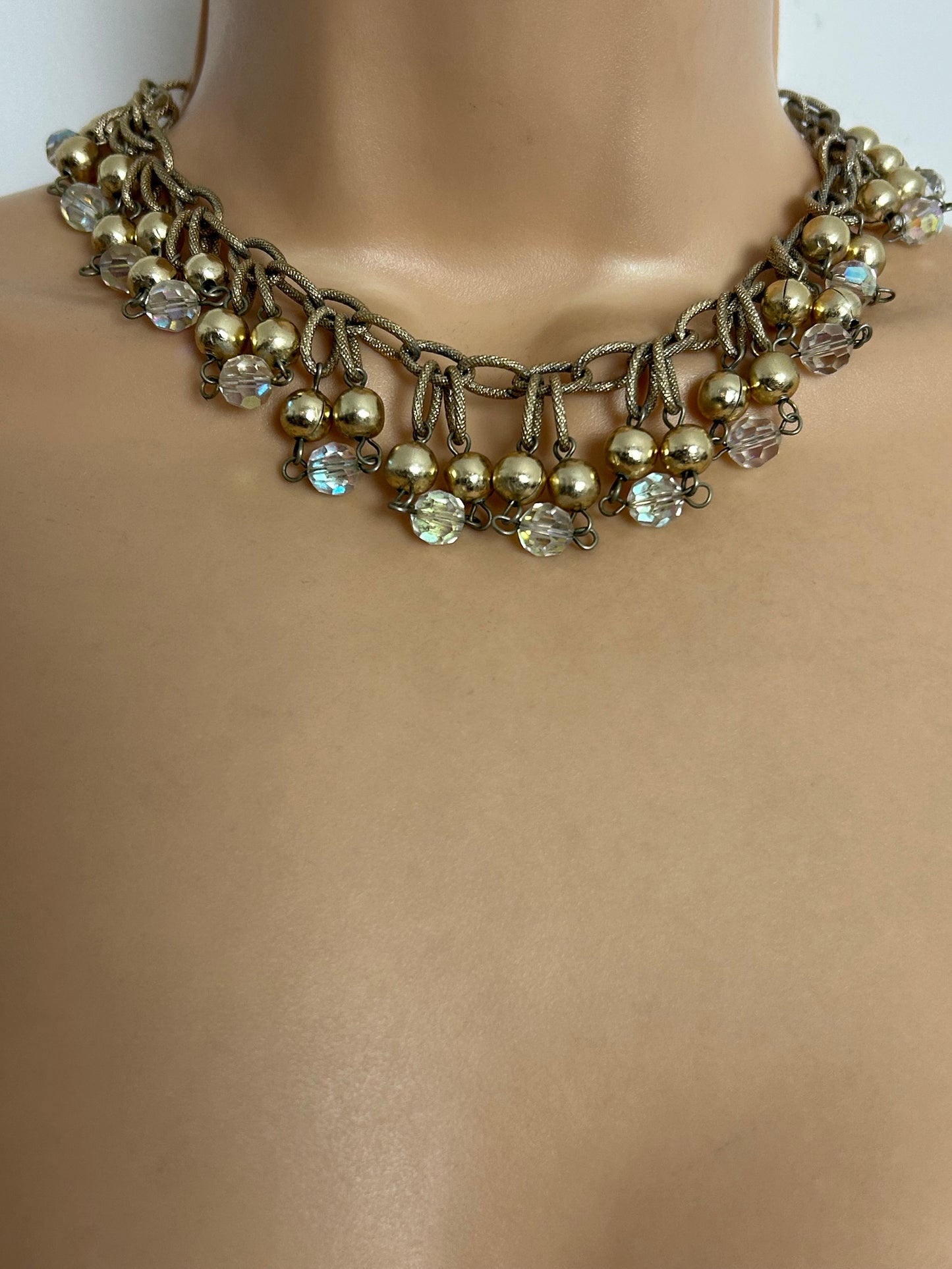 Vintage 1960s Gold Tone Base Metal Glass & Metal Bead Droplets Choker Necklace