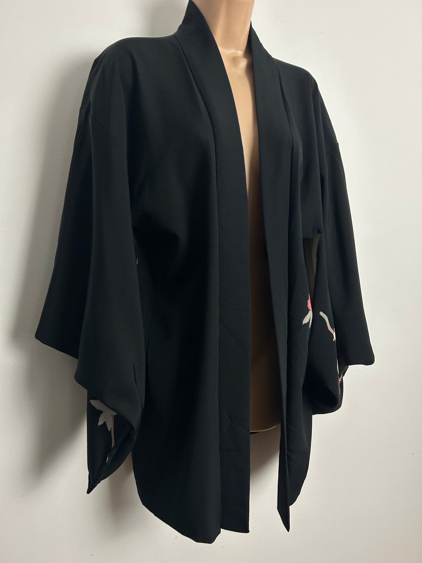 Vintage Up To Size 14 Beautiful Black Floral Print Traditional Japanese Haori Kimono Jacket