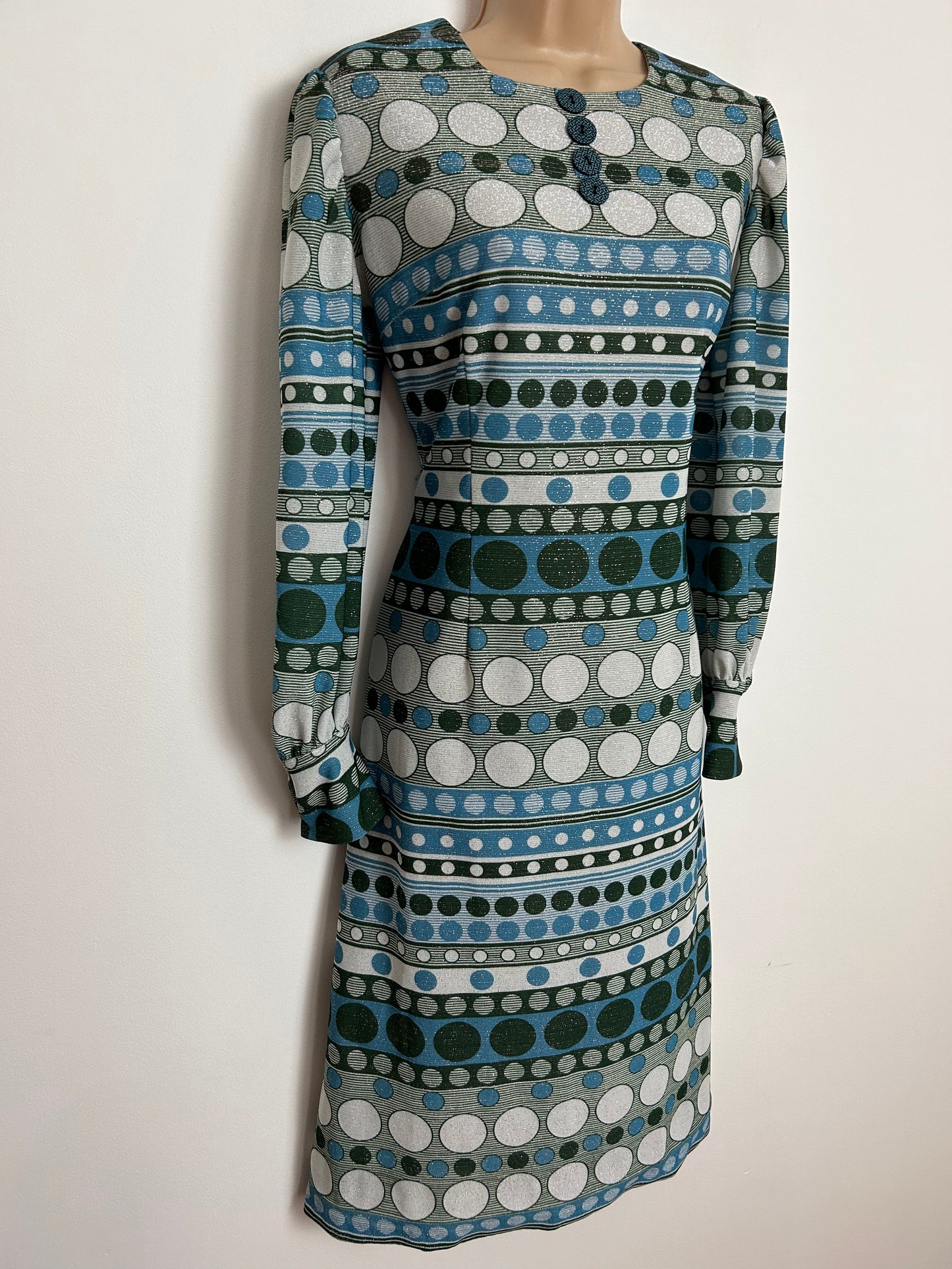 Vintage Early 1970s UK Size 12 LADIES PRIDE Blue Green & Silver Lurex Stripe & Circle Print Long Sleeve Mod Shift Dress