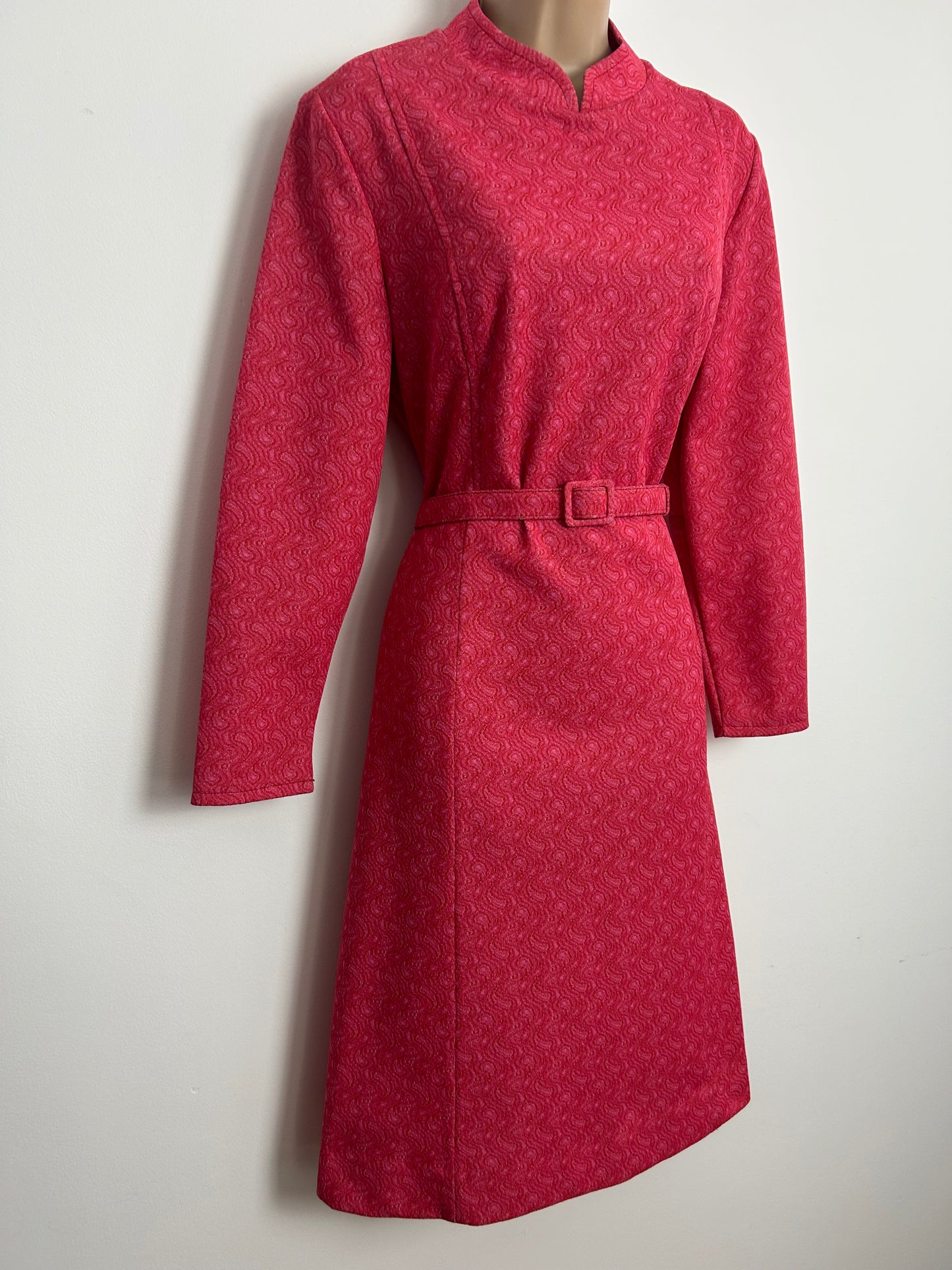 Vintage Late 1960s ST MICHAEL Size 14 Dark Pink Crimplene Paisley Pattern Belted Mod Day Dress