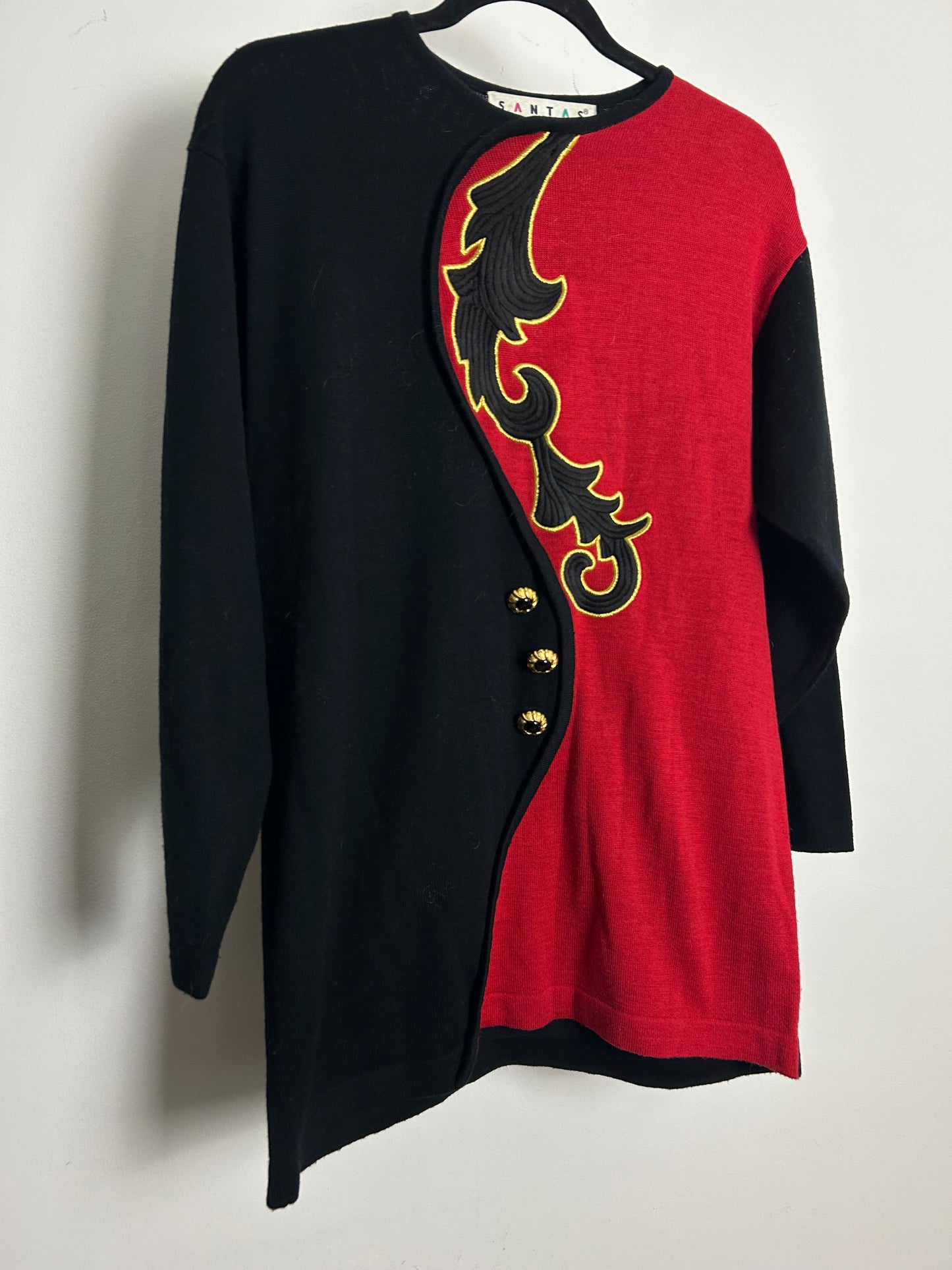 Vintage 1980s1990s  SANTAS Size 12-14 Black & Red Applique & Button Detail Wool Mix Jumper