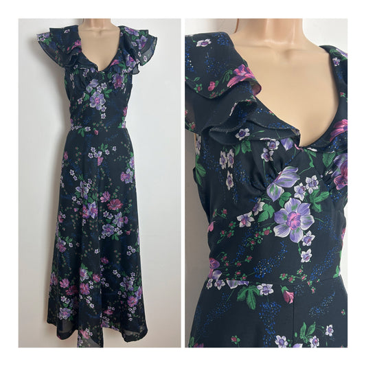 Vintage 1970s Size 8 Black Lilac & Pink Floral Ruffle Collar Tie Back Boho Maxi Dress