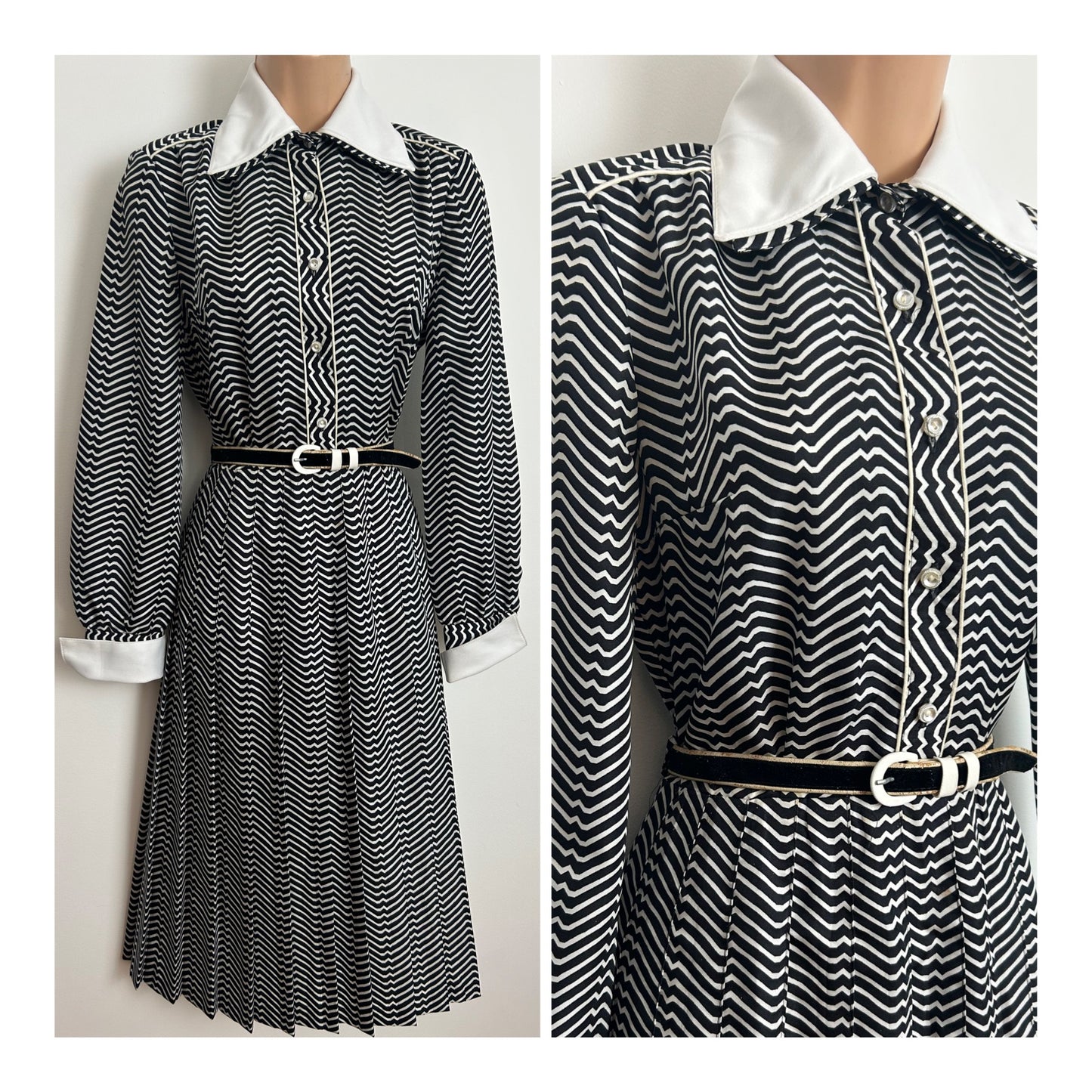 Vintage 1970s PEGGY LANE Size 10 Black & White Zig Zag Stripe Print Belted Pleated Day Dress