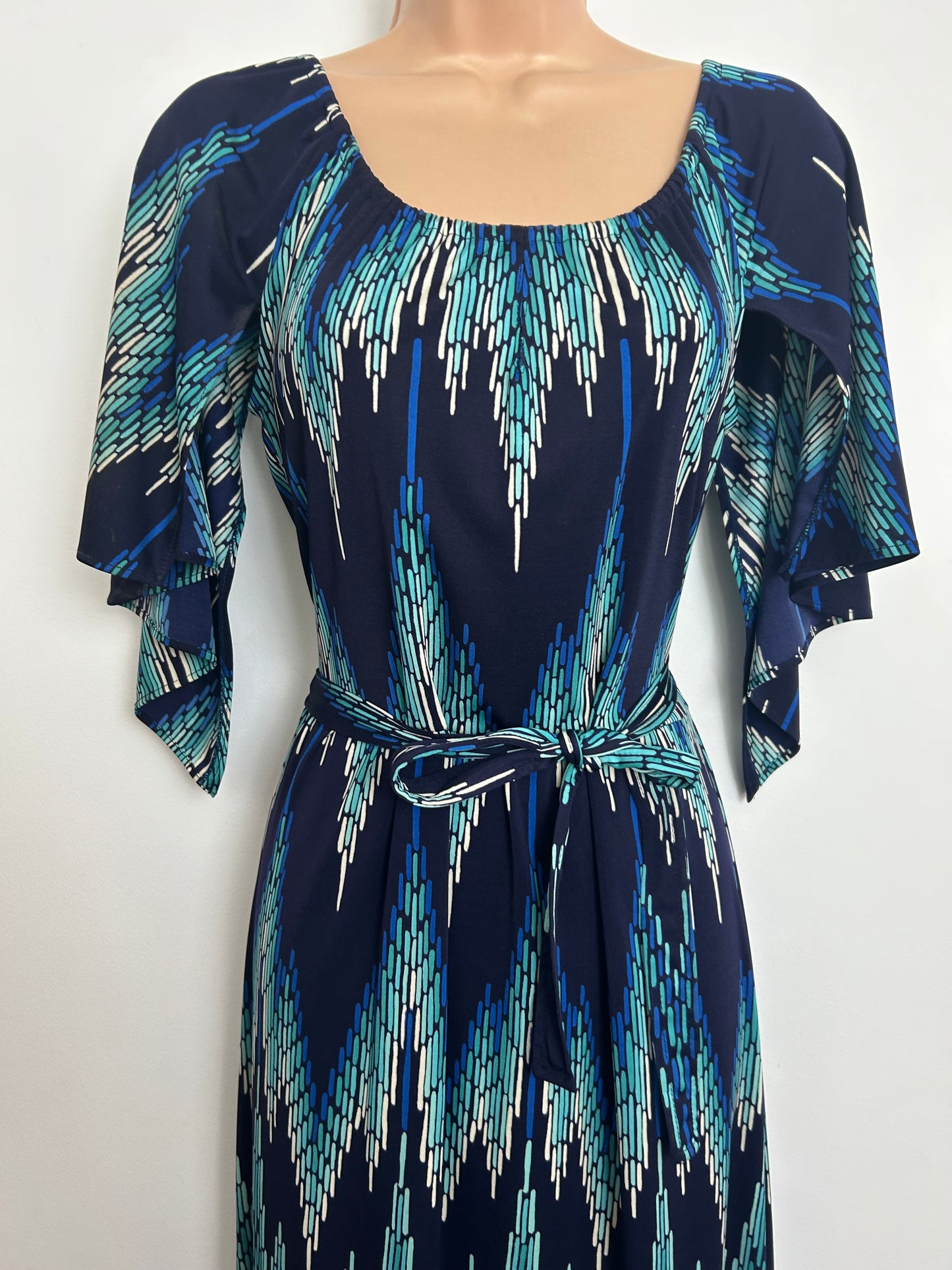 Vintage 1970s BILYTIS PARIS Size 8 Navy Turquoise & White Dash Stripe Print Mid Sleeve Maxi Dress