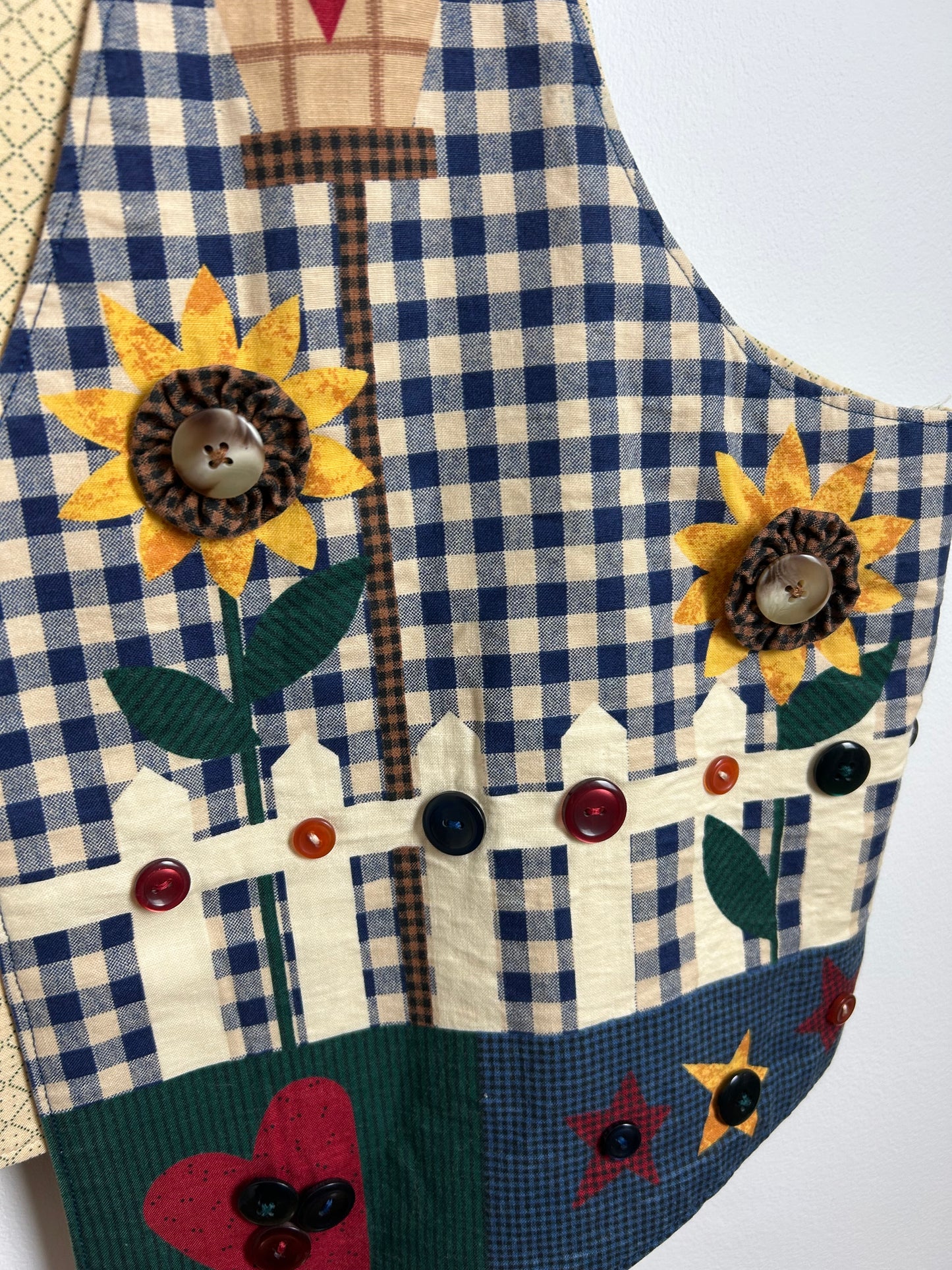 Vintage 1980s UK Size 14-16 Blue Cream & Green Check Sunflower Garden Print Button Detail Cotton Waistcoat