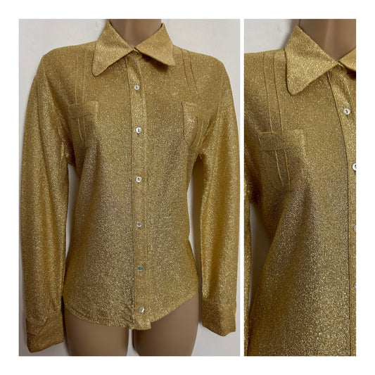 Vintage 1970s UK Size 10-12 Gold Lurex Pocket Detail Long Sleeve Party Shirt