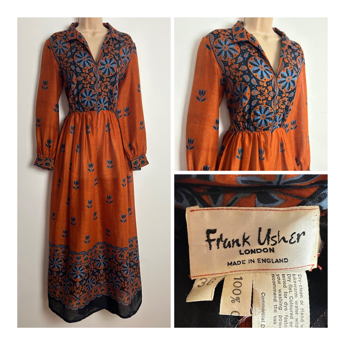 Vintage 1970s FRANK USHER Size 10 Rusty Brown & Blue Tones Floral Lightweight Cotton Maxi Dress
