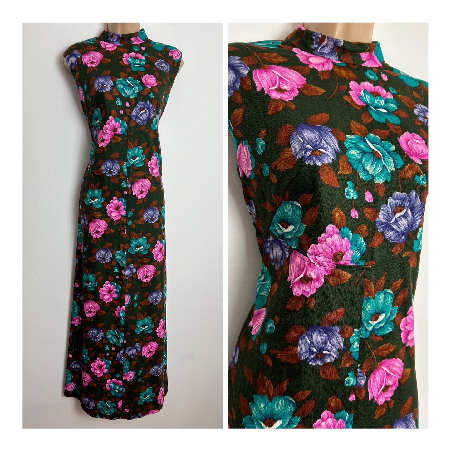 Vintage 1970s UK Size 12 Dark Green Pink & Violet Floral Print Sleeveless Boho Maxi Dress
