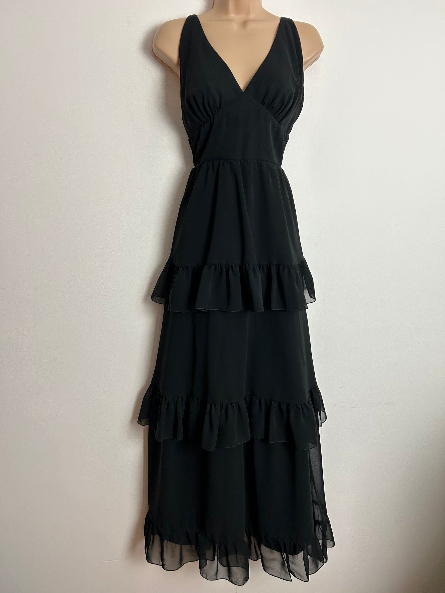 Vintage 1970s UK Size 6 Black Chiffon Layered Occasion Evening Party Maxi Dress