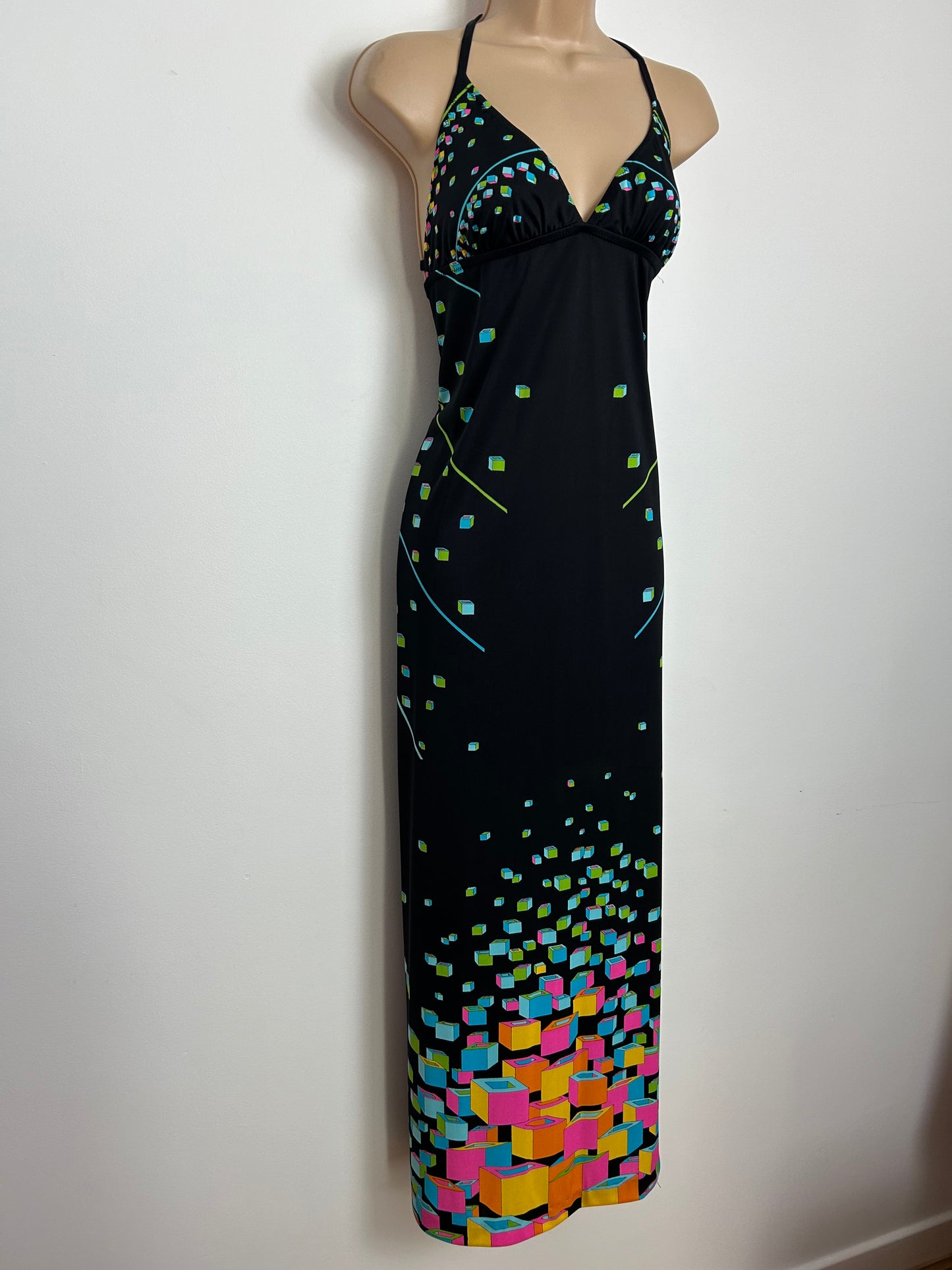 Vintage 1970s Size 8-10 Black & Mulitcolour Geometeric Square Print Halterneck Open Tie Back Maxi Dress