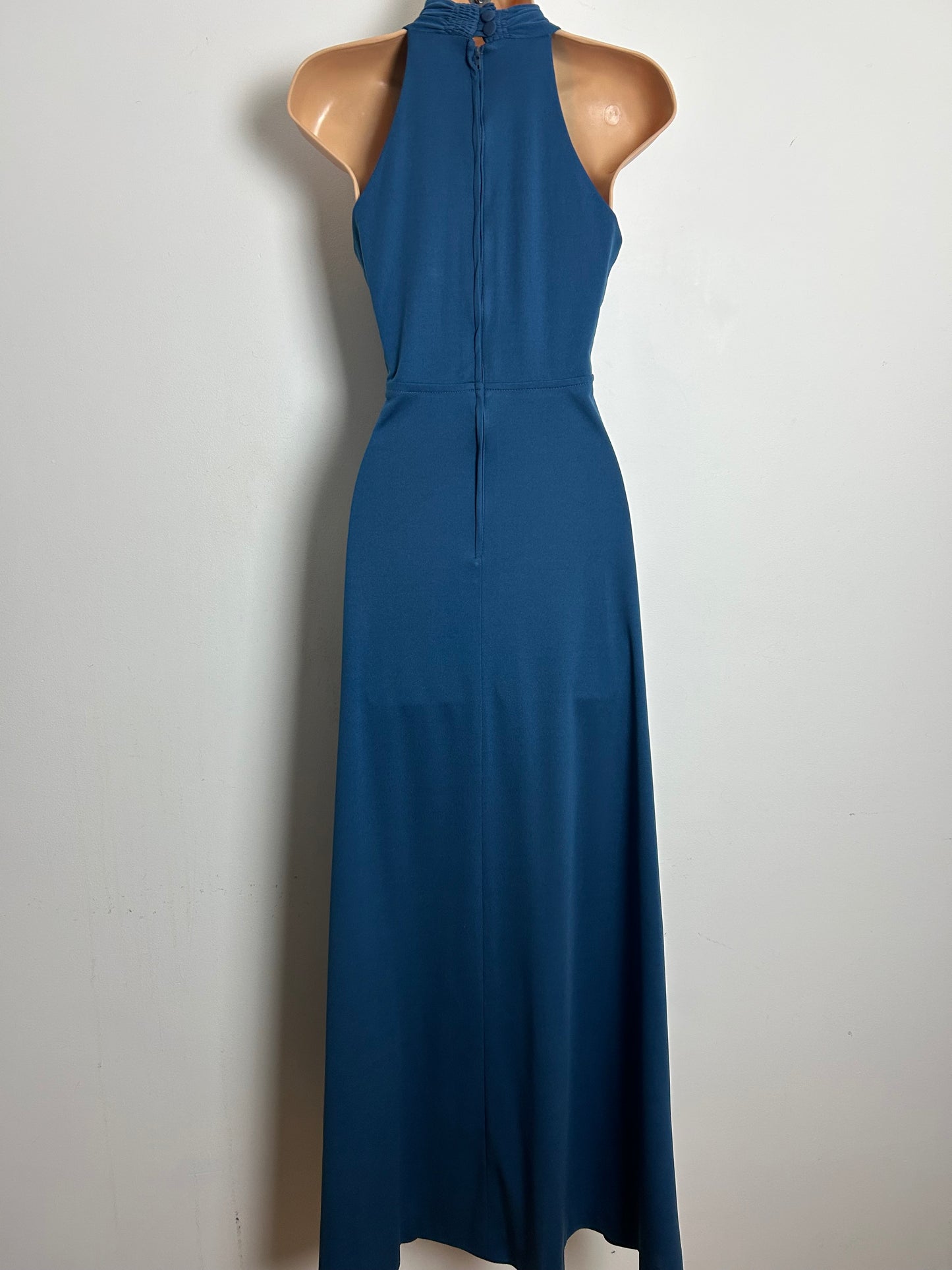 Vintage 1970s Size 8  Dusky Blue Braid Diamante & Bead Applique Detail Evening Maxi Dress