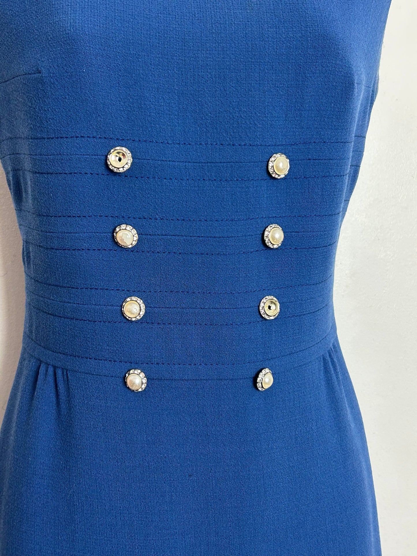 Vintage 1960s HEROS MODELL Size 8-10 Dusky Blue Pearl & Diamante Button Detail Mod Dress