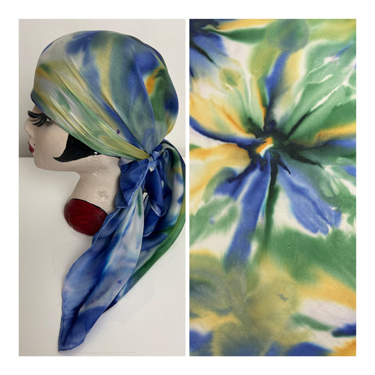 Vintage Blue Green & Lemon Tie Dye Effect Floral Print Silky Scarf 90cm x 85cm