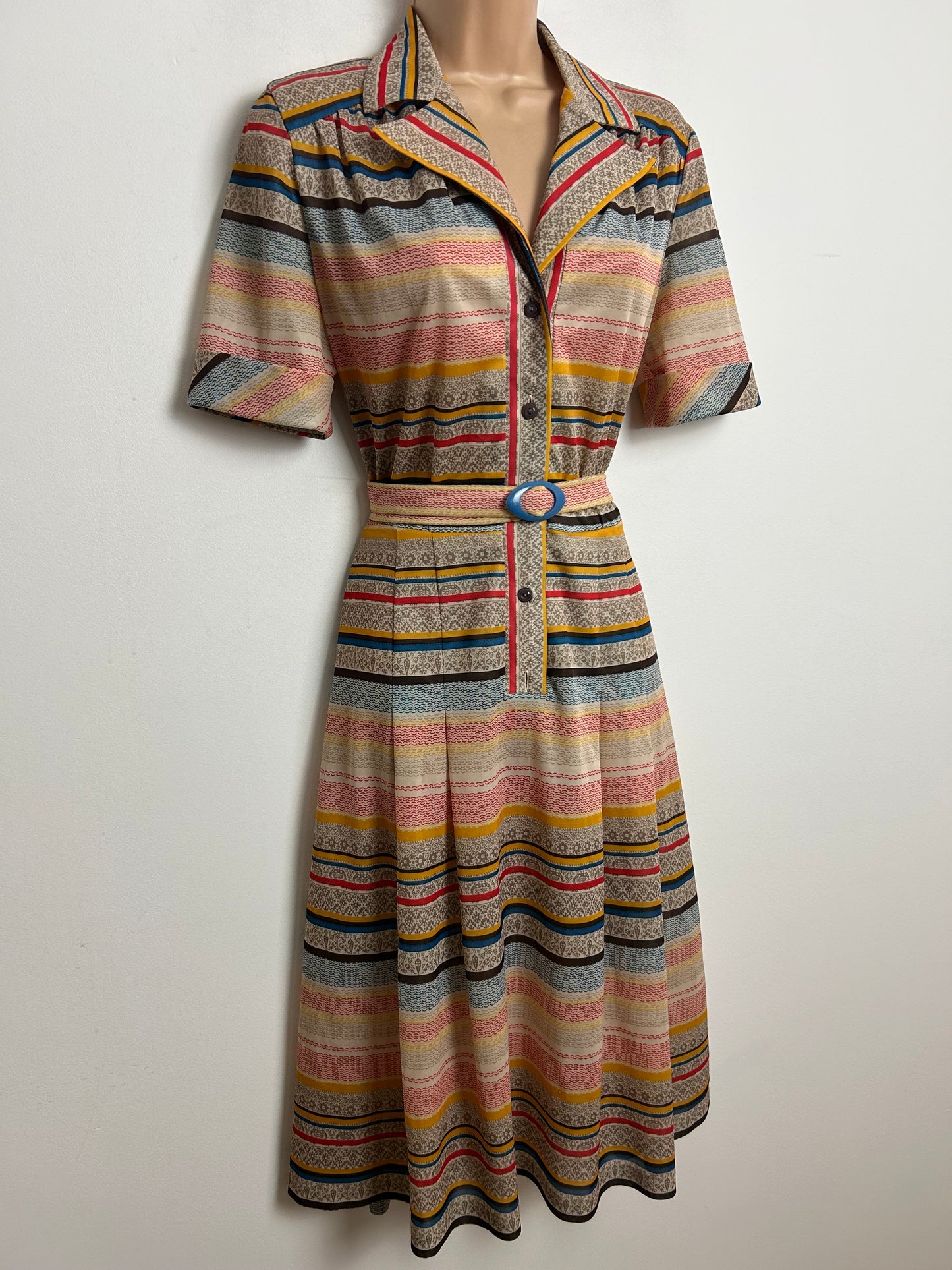 Vintage 1970s Approx Size 10 Beige Red Blue & Mustard Stripe Print Belted Pleated Day Dress