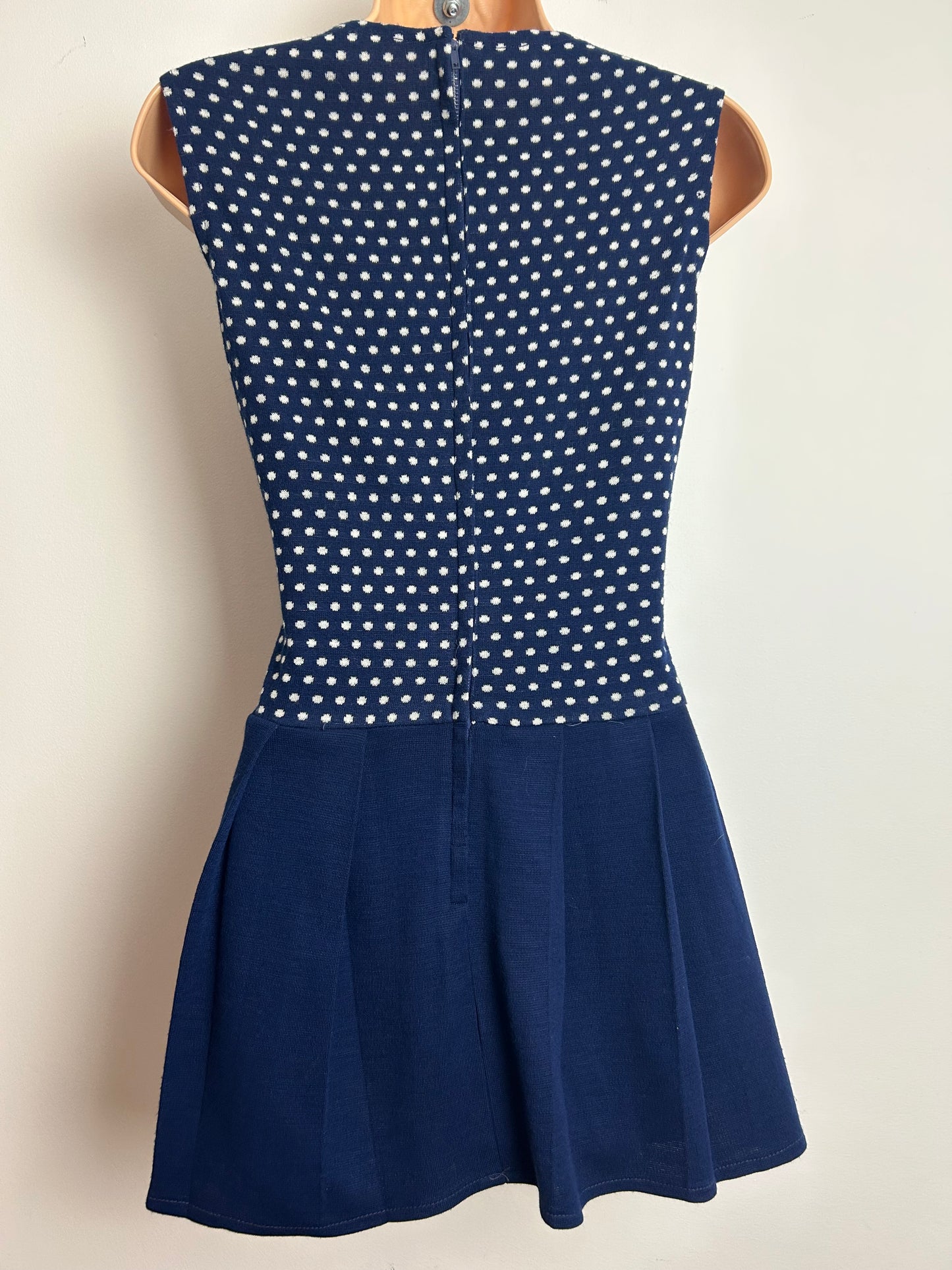 Vintage 1960s Size 8 Navy Blue Polka Dot Pleated Mini Mod Suit: Dress & Matching Jacket