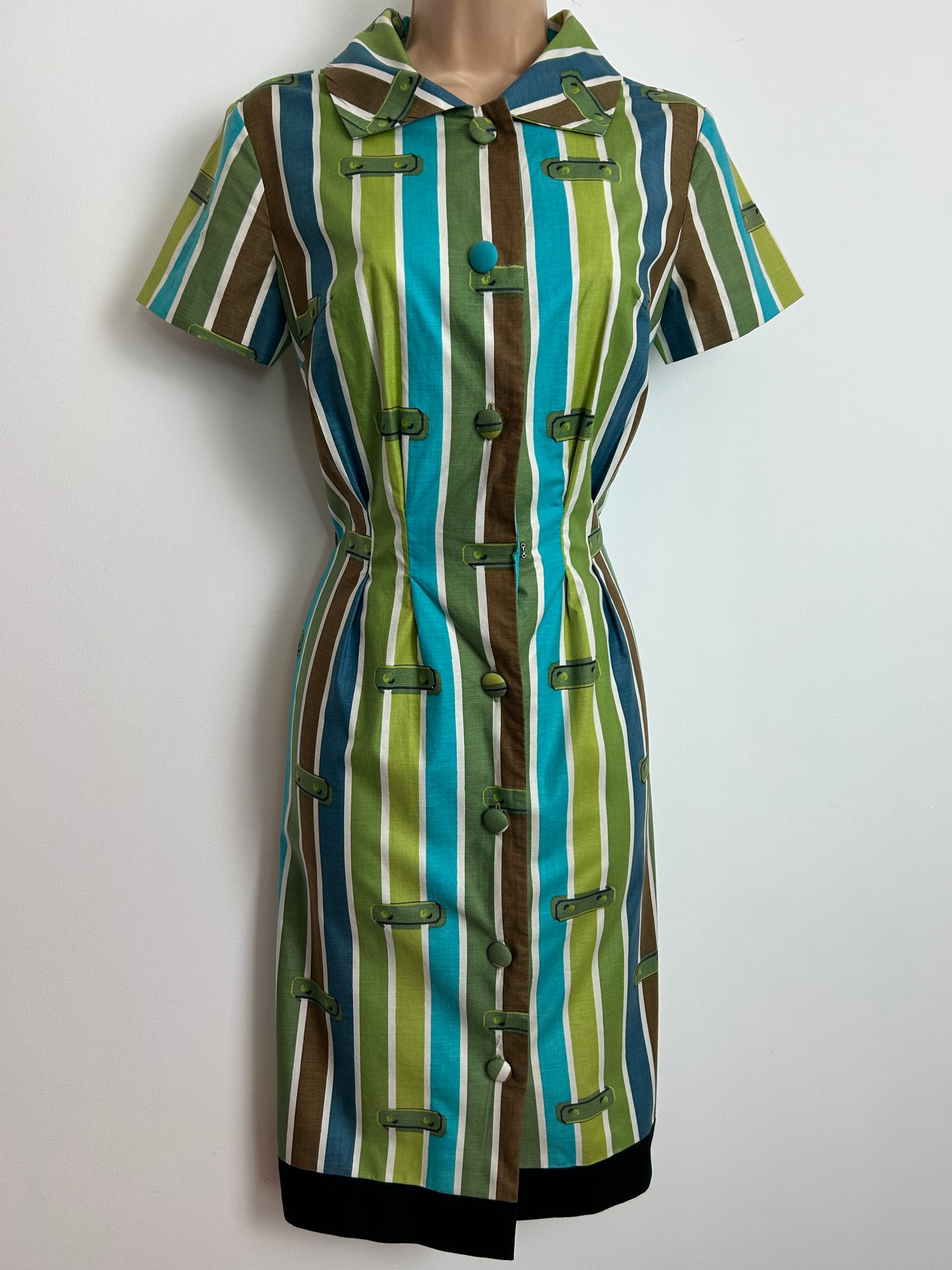 Vintage Early 1960s GLOBAL STYLED BY PARIS Size 8 Green & Brown Tones Stripe Print Cotton Fitted Day Dress
