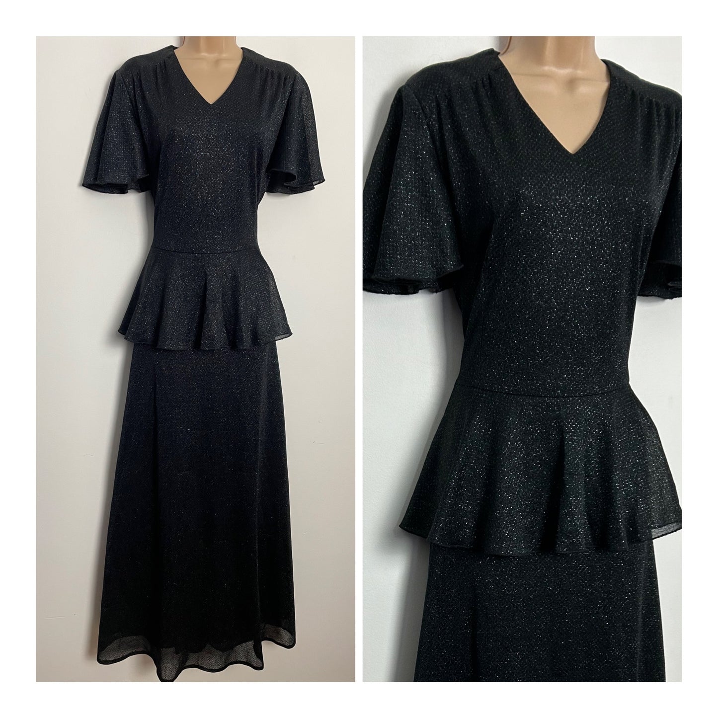 Vintage 1970s UK Size 14 Black Lurex Peplum Occasion Evening Maxi Dress