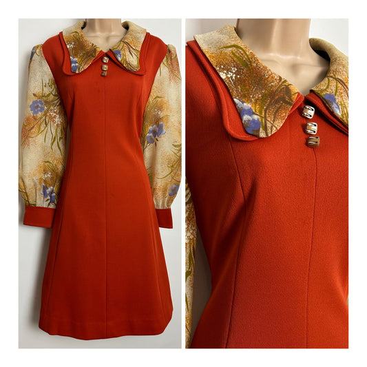 Vintage 1960s Size 12-14 Burnt Orange & Beige Double Beagle Collar Long Sleeve Mod Shift Dress