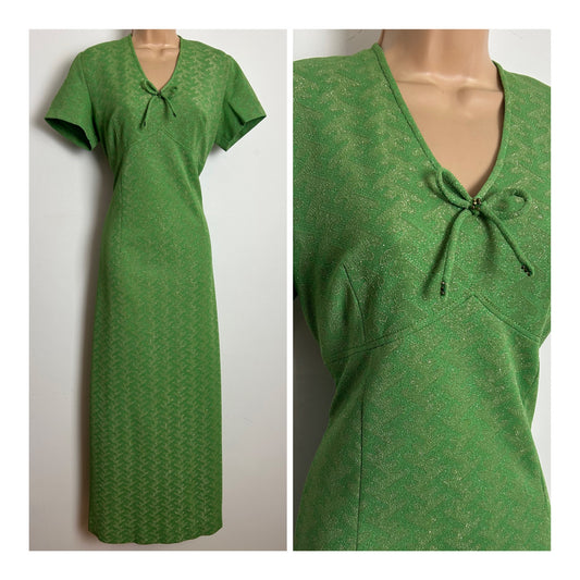 Vintage 1960s Size 10-12 Green & Gold Lurex Short Sleeve Bow Detail Evening Maxi Dress