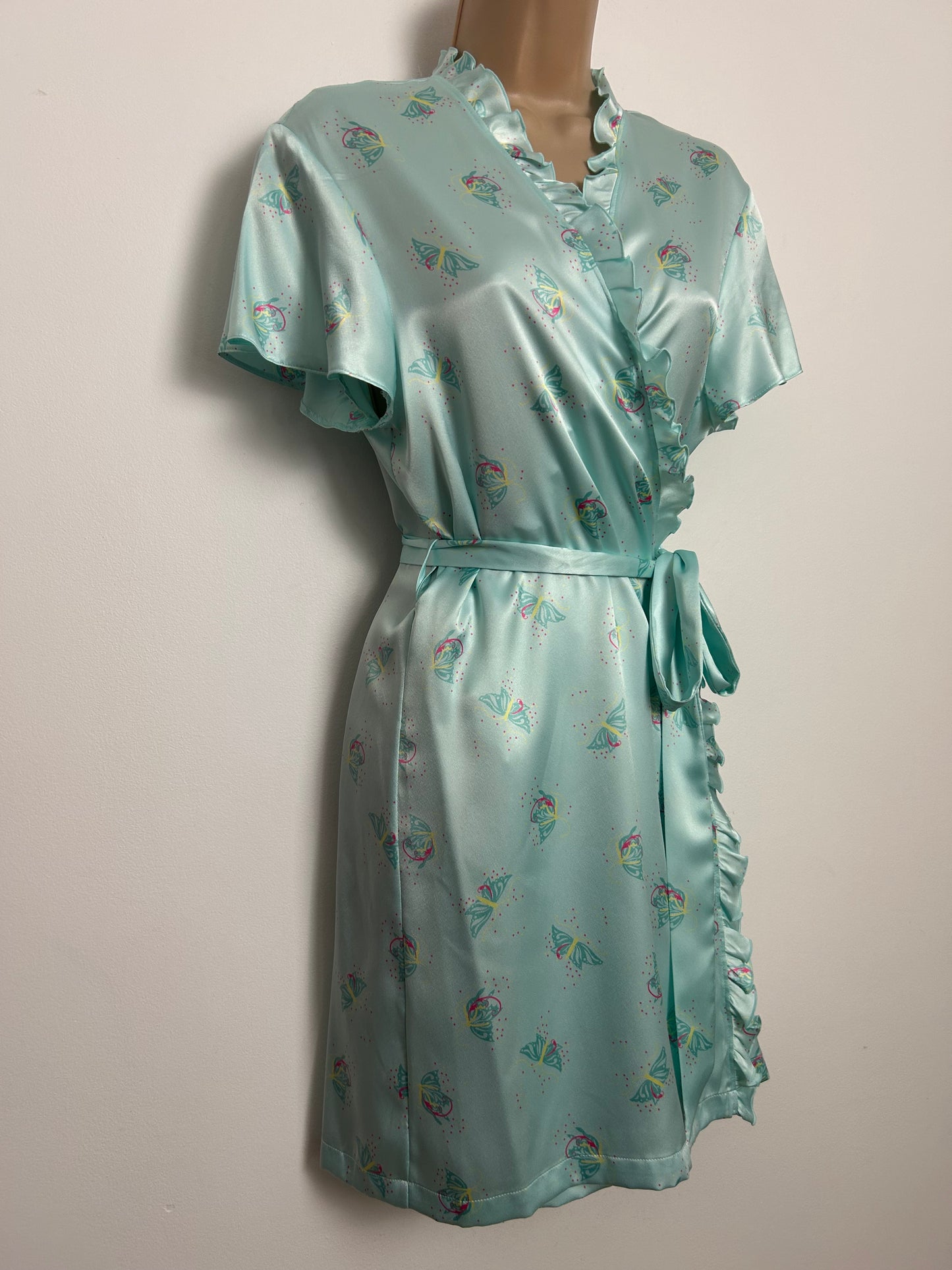 Circa 2008 Y2K Marks & Spencer Size 8-10 Turquoise Green Butterfly Print Silky Wrap Dressing  Gown