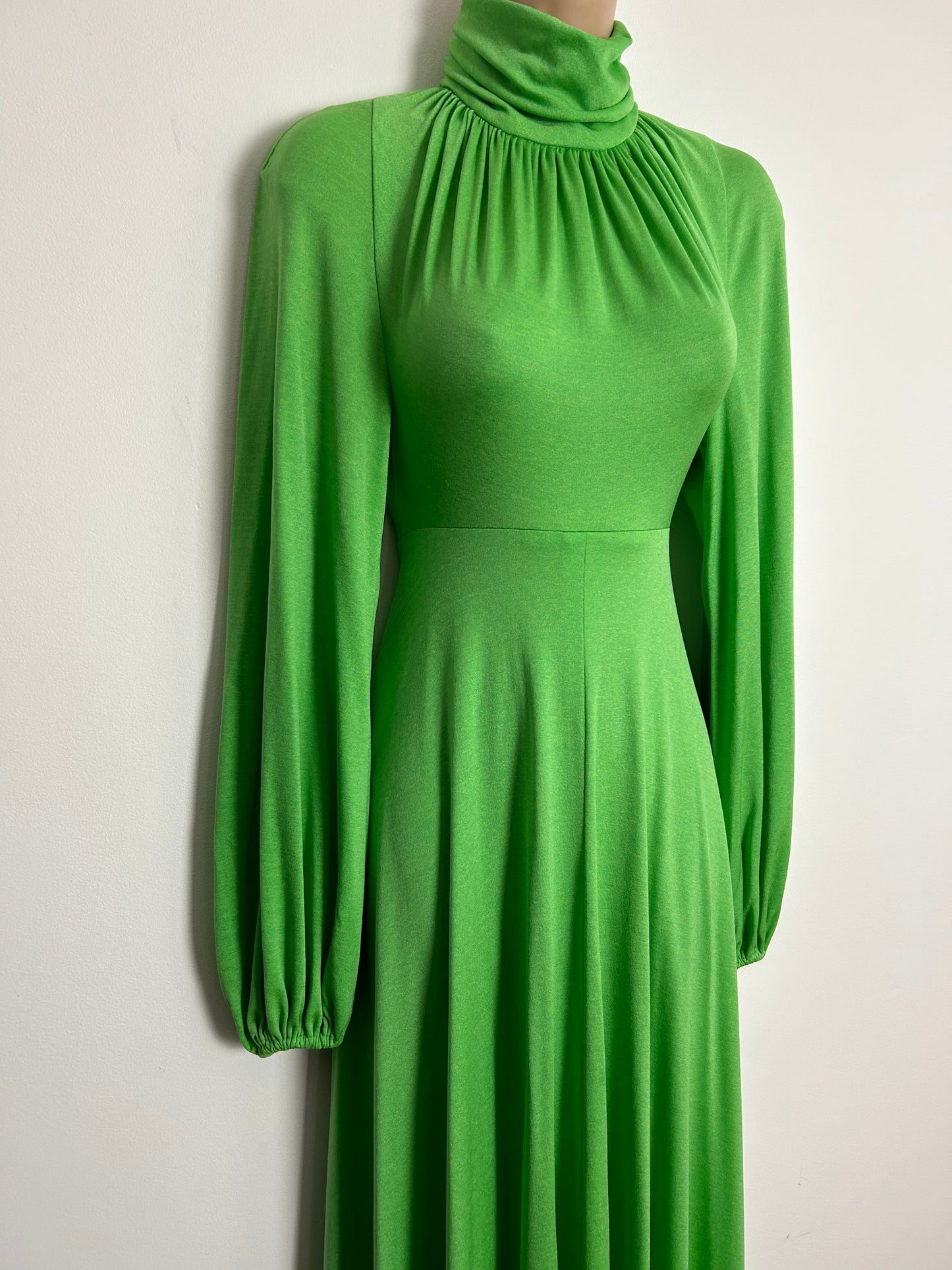 Vintage 1970s UK Size 6 Lime Green High Neck Long Balloon Sleeve Boho Maxi Dress