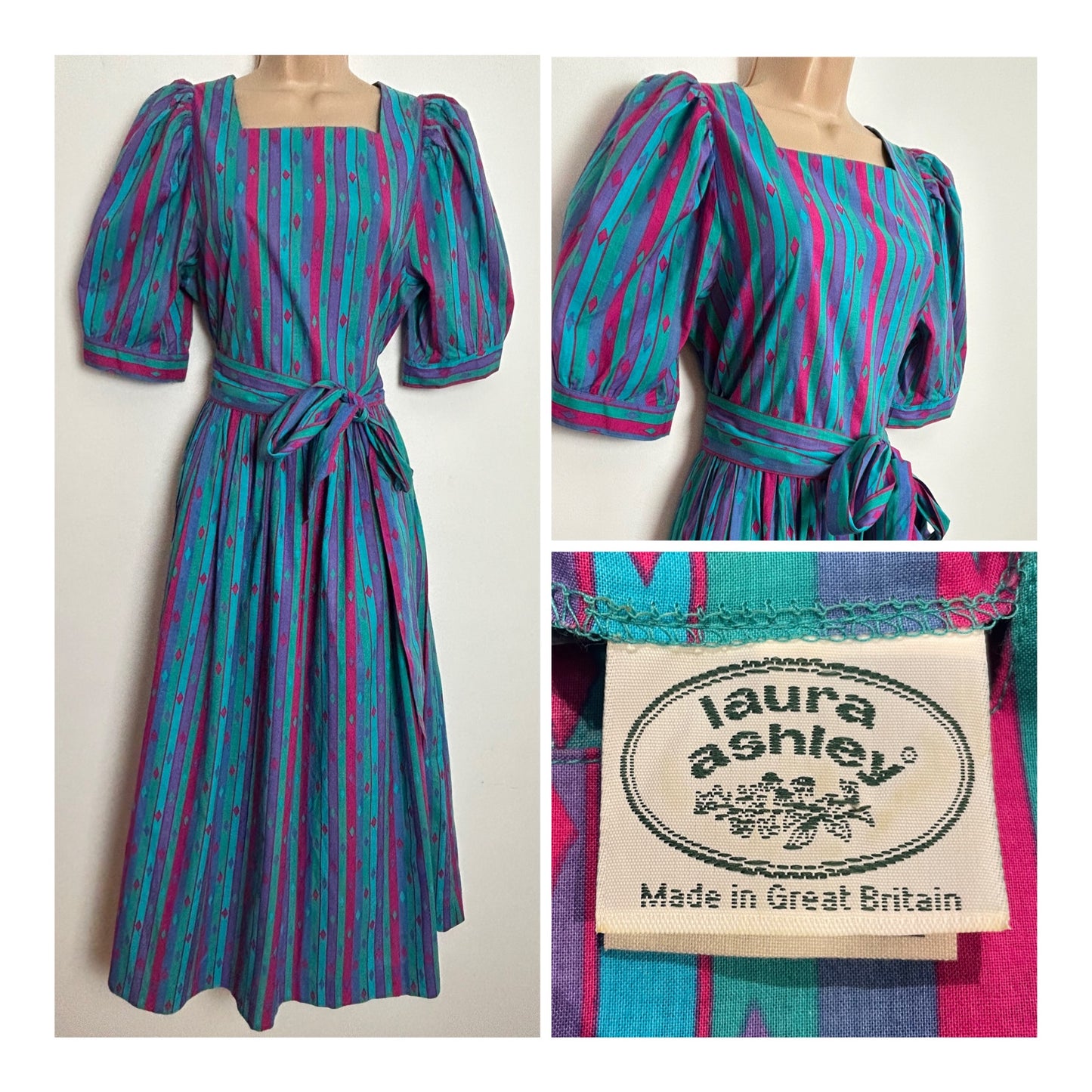 Vintage 1980s LAURA ASHLEY UK Size 12 Turquoise Purple & Pink Stripe & Diamond Print Cotton Belted Midi Dress